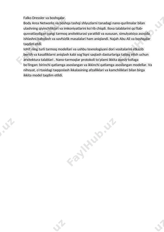 ot ning hozirgi stsenariysi, iot-ni qo'llab-quvvatlovchi texnologiyalar, uning ilovalari va muammolari, so'nggi yutuqlar va rivojlanish chuqur tahlil orqali taqdim etildi. adabiyotlar oltita asosiy toifaga bo'lingan: texnologiya, ilovalar, muammolar, biznes modellari, kelajak yo'nalishlari va umumiy ko'rinish va so'rov. mahdi. h. miraz va boshqalar. ushbu maqolada internet of things (lot), internet of everything (loe) va internet of nano things (lont) qisqacha o'rganilgan va ushbu texnologiyalarning kelajakdagi turli xil ilovalari ham mualliflar tomonidan taqdim etilgan . stelzner va boshqalar. ga qaragan edi tana ichidagi nano-muloqotning narsalar interneti (iot) bilan, xususan, tana hududi tarmoqlari (ban) va natijada nano-narsalar interneti (iont)dagi tadqiqot muammolari. bundan tashqari, ular bir-birining o'rnini bosadigan va almashtiriladigan nano-mashinalarning muayyan guruhlarini hal qilish orqali ushbu muammolarni hal qilish uchun yondashuvni taqdim etgan function centric networking kontseptsiyasini taqdim etdilar. nano-tarmoqlarda bir nechta aloqa paradigmalaridan foydalanish mumkin. nano-mashinalarni ishlab chiqarish uchun ishlatiladigan texnologiyaga va maqsadli dasturga qarab. xosep mikel jornet va boshqalar. nano narsalarni …