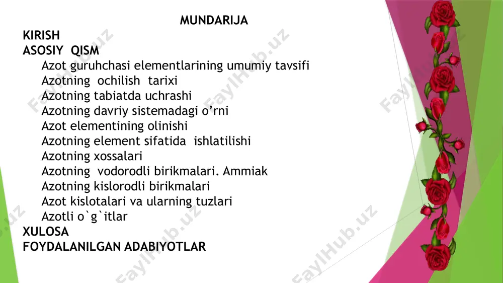 tlar berib o’tdi. undan 2 yil so’ng , ya’ni 1774-yilda lavuaze unga “azot” deb nom berdi. lekin bu nom gaz uchun to’g’ri kelarmikin? bu haqidagi fikrlarimni o’z xulosamda bayon etaman… azotning tabiatda uchrashi azot-o’zining yerda tarqalishi jihatidan boshqa elementlar orasida oldingi o’rinlardan birini egallaydi. azot tabiatda erkin va birikmalar holida uchraydi. erkin holatlardagi azot havoda bo’ladi. havoda hajm jihatdan 78,09% , massa jihatdan 75,53% azot bor. yer qobig’ida azotning massa miqdori 0,01% ga teng. azot birikma holida hamma o’simlik va hayvonlar organizmida bo’ladi.azotning tabiiy holda uchraydigan anorganik birikmalaridan chili selitrasi, boshqacha aytganda nano3 ma’lum. tabiatda azotning 2 ta izotopi uchraydi 14n va 15n, bulardan atiga 0,365% 15n izotopi, qolgani esa 14n izotopi hisoblanadi. azotning davriy sistemadagi o’rni. azot d.i.mendeleyev davriy sistemasining ii davr v guruh asosiy guruh elementi hisoblanadi. sanoatdaazot havodan olinadi.azot rangsiz, hidsiz va mazasiz gazdir, suvda oz eriydi. azot odatdagi temperaturada inert gaz. qizdirilganda u metallarga nisbatan aktivlashadi. …