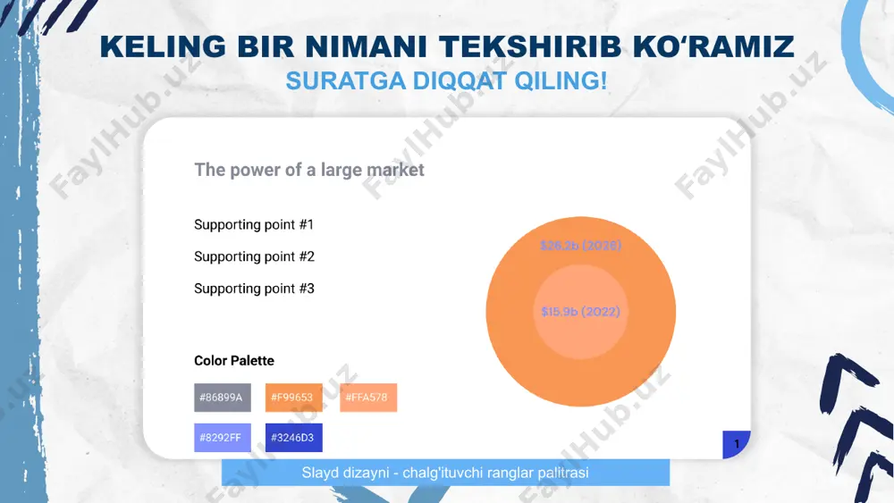 olishingizga yordam berishi uchun sizda tasavvur yetarlicha bo’lishi lozim. ranglar umume'tirof etilgan ma'noga ega ekanligini tushunish ham muhimdir. qizil rang ko'pincha to'xtash belgilari, to'xtash chiroqlari, o'qituvchining qalamlari, ogohlantirish belgilari, tez yordam mashinalari va ogohlantirish va xavf hissini bildiruvchi boshqa narsalar bilan bog'liq. ob'ektlardagi qizil rang bizga qanday harakatlar qilish va qanday his-tuyg'ularni his qilish kerakligini tushunishga yordam beradi. xuddi shunday, taqdimotlarda ranglardan foydalanish ham tomoshabinlarni his-tuyg'u bilan munosabatda bo'lishga, qilish kerak bo'lgan harakatlarni xulosa qilishga va brendingiz bilan ma'lum ma'nolarni bog'lashga undashi kerak bo’ladi. yuqori kontrastli ranglardan foydalaning dizayningizdagi barcha yuqori kontrastli ranglardan foydalanish optimal o'qishga erishishga yordam beradi. yuqori kontrast sezilarli darajada farq qiluvchi ohanglar, yorqinlik va vizual qiziqish bilan ranglarni tanlashni anglatadi. taqdimotingizda rangdan foydalanish bo'yicha eng yaxshi amaliyotlar quyidagi misolda ko'rinib turibdiki, o'xshash ranglar va yorqinlik bilan ranglar kombinatsiyasidan foydalanish oqibatida ta'sirchan, past kontrastli rang kelib chiqishi ko’rsatib o’tilgan yuqori kontrastli ranglar yuqori kontrastli ranglar sxemasini yaratishning …