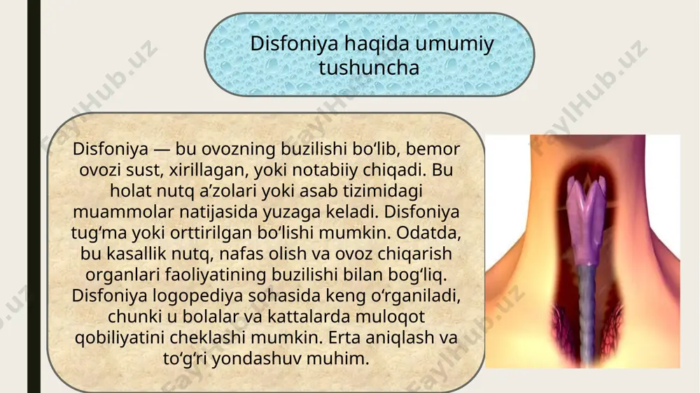 ‘riqishdan saqlanish, gigiyenaga rioya qilish. ovozli dam olish, to‘g‘ri ovqatlanish va suyuqlik iste’moli tavsiya etiladi. shuningdek, noto‘g‘ri nafas olish odatlari tuzatilishi lozim. o‘qituvchilar, qo‘shiqchilar kabi kasblar egalari ovoz salomatligiga alohida e’tibor berishi kerak. disfoniya erta aniqlansa va logopedik yordam to‘g‘ri ko‘rsatilsa, tuzalish ehtimoli yuqori bo‘ladi. to‘g‘ri parvarish va mashg‘ulotlar orqali ovoz yana tiklanadi. image1.jpeg image2.jpeg image3.jpeg image4.jpeg image5.jpeg image6.jpeg image7.png image8.jpeg image9.png image10.png image11.jpeg image12.png image13.png image14.png image15.png image16.png image17.png /docprops/thumbnail.jpeg