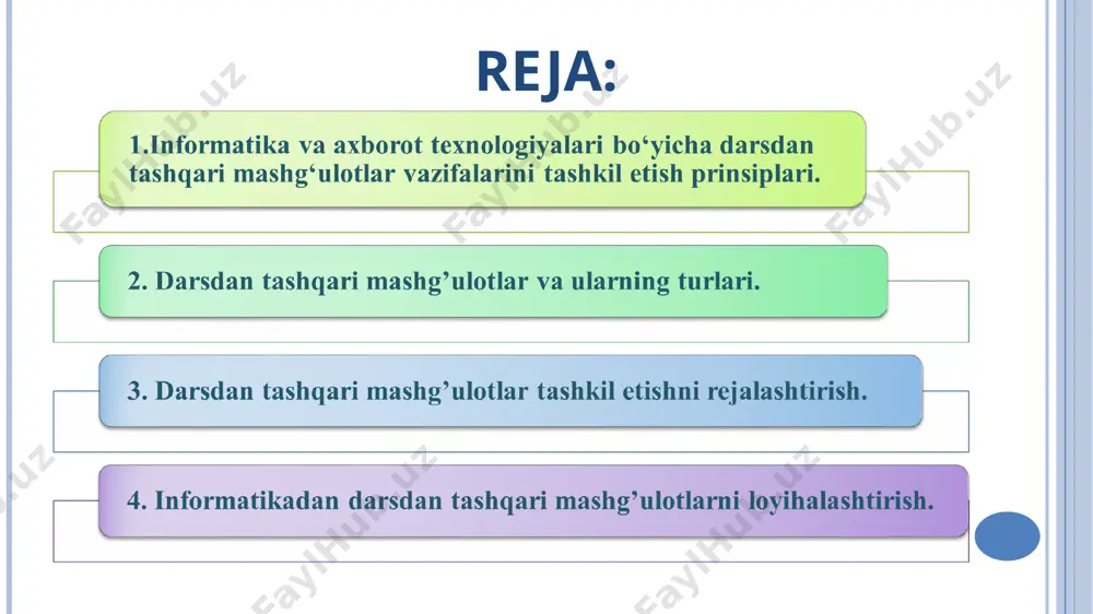 an tashqari mashg’ulotlarni individual, kichik guruhlarda, butun sinf bilan o’tkazishi mumkin. informatika fanidan darsdan tashqari mashg‘ulotlarni rejalashtirish o‘qituvchining ish dasturida, shaxsiy ish rejalaridan o‘rin olgan bo‘lib, u dars qoldiradigan, o‘zlashtira olmaydigan o‘quvchilarni fanga qiziqtirish, motivatsiya berishga xizmat qiladi. darsdan tashqari mashg‘ulotlar o‘qituvchilar tomonidan informatikaga qiziqqan o‘quvchilar bilan o‘tkaziladi. bu ishni o‘qituvchi rеjalashtiradi va kеrakligicha aniqlashtiradi 3. darsdan tashqari mashg’ulotlar tashkil etishni rejalashtirish. to‘garak. informatika va axborot tеxnologiyalari bo‘yicha to‘garak bu faol va natijaviy darsdan tashqari mashg‘ulotlardan biri. to‘garak asosida ixtiyoriylik prinsipi yotadi. ekskursiyalar. o‘quvchilar ekskursiyalarga juda qiziqadilar. ma’lumki, o‘quvchilarni maktab matbuoti bilan tarbiyalash darsdan tashqari mashg‘ulotlarning muhim yo‘nalishi. u maktab gazеtalari mazmuni va o‘quvchilarni gazеta chiqarish jarayonida muharrir, rеdkollеgiya va korrеspondеnt sifatida faol qatnashish ta’siri ostida amalga oshiriladi. o‘quvchilar ehm yordamida mustaqil gazеta chiqarishlari uchun, ularni tеkst va grafik rеdaktorlari bilan ishlashga o‘rgatish kеrak. kеcha va konkurslar o‘quvchilar bilan ishlashda muhim ahamiyatga ega. o‘quvchilarda har xil konkurslar qiziqish uig‘otadi. informatika …
