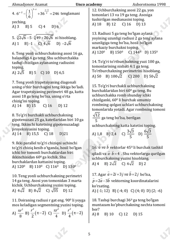 ida 70 kishi ingliz tilini, 45 kishi nemis tilini va 23 kishi ikkala tilni biladi. ikkala tilni bilmaydigan turistlar necha foizni tashkil etadi? a) 6 b) 12 c) 8 d) 10 6. agar kamayuvchini 16 ta va ayriluvchini 20 ta orttrilsa, ayirma qanday o’zgaradi? a) 4 ta kamayadi b) 36 ta ortadi c) 36 ta kamayadi d) 4 ta ortadi 7. a va b pristanlar orasidagi masofa 96 km. a pristandan oqim bo’ylab sol jo’natildi. huddi shu paytda b pristandan oqimga qarshi matorli qayiq jo’nadi va 4 soatdan keyin sol bilan uchrashdi. agar daryo oqimining tezligi 3 km/soat bo’lsa, qayiqning turg’un suvdagi tezligini toping. a) 20 b) 19 c) 17 d) 24 8. x x x x x 3 2 2 8 4 2 4 2       soddalashtiring a) 4 b) 2x c) -2x d) -4 9. p pq q2 216 64 12   …