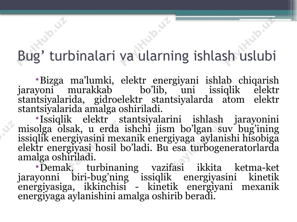 ga sarflangan. quvvati 4,4 kvt bo‘lgan birinchi bug‘ turbinasini (reaktiv turbina) 1885 yili ingliz muxandisi parsons yaratdi, 1913 yilda esa , turbinaning kuvvati 25 mvt gacha yetkazildi. keyinchalik bug‘ turbinalarining nominal kuvvati 60 mvt, bosimi 12,8 mpa ga yetkazildi, u kupchilik issiqlik elektr stantsiyalarida qo‘llanilib kelinmokda. zamonaviy turbinalarning kuvvati 1200 mvt dan ortib ketgan. turbina rotorining aylanishlar soni esa 2000-50000 ayl/min oralig‘ida. suv bug‘ining kinetik energiyasini mexanik energiyaga aylantirish mumkinligini shved muxandisi loval 1888 yilda (aktiv turbina) isbotladi. bug‘ - kuch qurilmasining nazariy sikli hozirgi vaqtda elektr energiyasining asosiy qismi (80% ga yaqini) bug‘ - kuch qurilmalarida ishlab chiqariladi, ularda ish jismi sifatida suyuq va bug‘ xolatdagi suv ishlatiladi. yoqilg‘ining yonishida hosil bo‘ladigan issiqlikni mexanikaviy ishga aylantiradigan qurilmalar yig‘indisi bug‘-kuch qurilmasi deyiladi. bug‘-kuch qurilmalari qozon agregati, bug‘ turbinasi, kondensator, nasos, elektr generator va boshqa yordamchi uskunalardan tashkil topgan. bug‘-kuch qurilmalarida ishlatiladigan ish jismi – suv bug‘i parametrlarining o‘zgarishini qarab chiqamiz. …