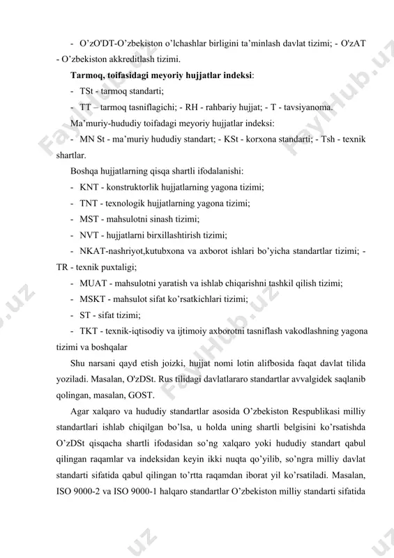 bul qilingan xalqaro, hududiy va boshqa mamlakatlarning milliy standartlariga shartli belgilar ko’yish tartibi o’zdst 1.7:1998 (gss o’z. poryadok primeneniya mejdunarodnыx, regionalnыx, mejgosudarstvennыx standartov i normativnыx dokumentov drugix gosudarstv) milliy standartida ko’rsatib berilgan. standartlar va boshqa me’yoriy hujjatlarga beriladigan shartli belgilar ularni davlat ro’yxatidan o’tkazish paytida amalga oshiriladi. standartlashtirish bo’yicha me’yoriy hujjatlar standartlashtirish darajasi bo’yicha quyidagicha bo’linadi: · davlat miqyosidagi me’yoriy hujjatlar; - tarmoq miqyosidagi me’yoriy hujjatlar; · korxona miqyosidagi me’yoriy hujjatlar. davlat miqyosidagi meyoriy hujjatlar guruhi qo’yidagilarni o’z ichiga oladi: · davlatlararo standart - gost; · o’zbekiston davlat standarti – o’zdst; · umumdavlat tasniflagichi - o’zdt; · me’yorlar va qoidalar; · o’zbekiston rahbariy hujjatlar – o’zrh; - tavsiyanomalar – o’zt. davlat miqyosidagi me’yoriy hujjatlar o’zdavstandart («o’zstandart» agentligi) - arxitektura va qurilish, tabiatni muhofaza qilish davlat qo’mitalari va sog’liqni saqlash vazirligi tomonidan tasdiqlanadi. tarmoq miqyosidagi me’yoriy hujjatlar guruhiga quyidagilar kiradi: · tarmoq standarti - tst; · tarmoq tasniflagichi – tt; · …
