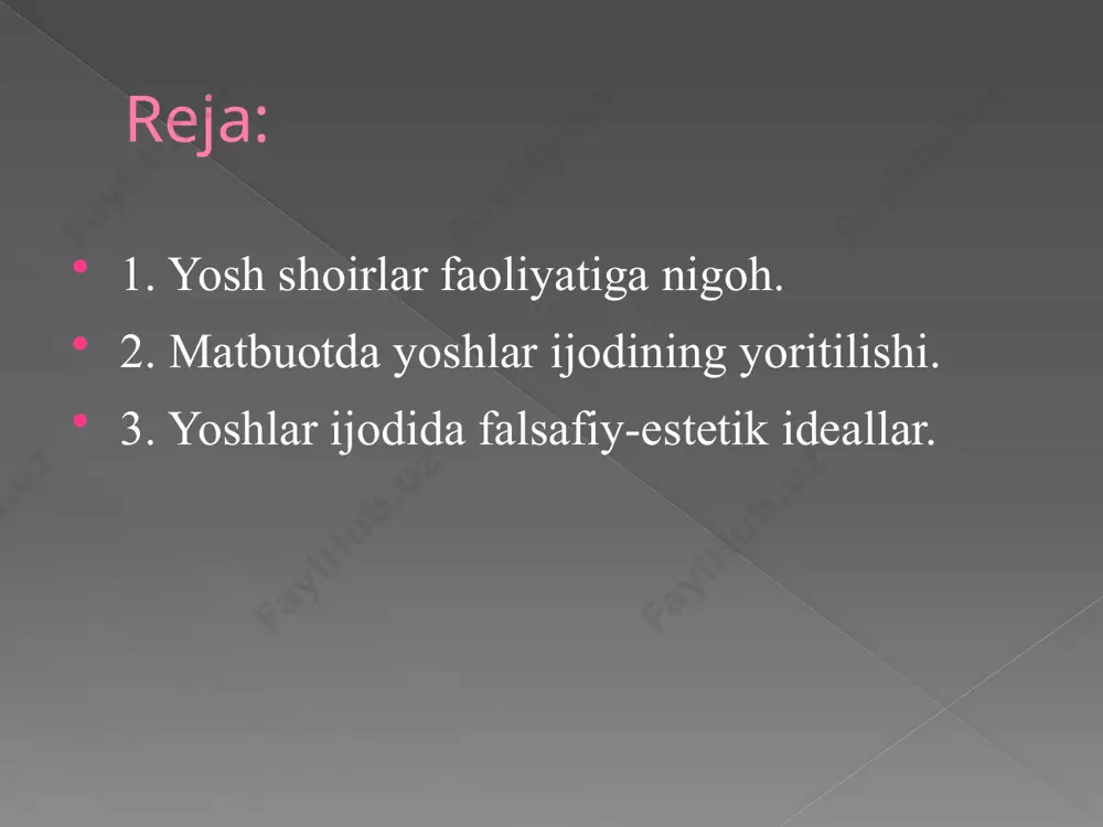 siy nashriyotlar: “yangi asr avlodi” “sharq” “navoiy kutubxonasi” “gʻafur gʻulom” “akademnashr” “meriyus” “adib” “noshir”… ba’zi adabiyotlar: yoshlar ijodida uchraydigan aksariyat nuqsonlar - taqlid - savodsizlik - adabiy savodsizlik - mavzularning siyqaligi - esda qolarli soʻz, obraz, ifodaning yoʻqligi - gʻoʻrlik, dumbillik - tayinsizlik oʻlim va tushkunlikni ideallashtirish quruq didaktiaga berilish. yosh shoir akmal toshning ushbu she’rini tahlil qilaylik: birinchi bandni tahlil qilaylik. foniy dunyo va uni uygʻotmoqcho boʻlgan shamol portreti. u uygʻotuvchi boʻlib gavdalanadi. ikkinchi bandda shamol harakati kuchayib boradi, ta’siri kengayib boradi. bu bandda qoʻzgʻatuvchi. uchinchi bandda shamol oshiq. oxirgi bandda oshiq shamol kulayotgan iztirobga aylanadi. u kulgi ortiga berkinadi. bugun iste'dodli yoshlar koʻzni quvontiradi. ular madaniyatimizda betakror, oʻziga xos dadil hamda teran fikrlash salohiyatiga ega shijoatli avlod shakllanayotganidan dalolat beradi. yoshlar qalbidan jo’shib toshayotgan she'riyat milliy mustaqilligimizning badiiy solnomasini boyitib boradi. bu iste'dodlar ona yurt haroratini, mehru muhabbatini singdirgan ko’plab asarlar yaratishiga umidingiz ortadi. 10-ma’ruza (1-dars) mavzusi uchun …
