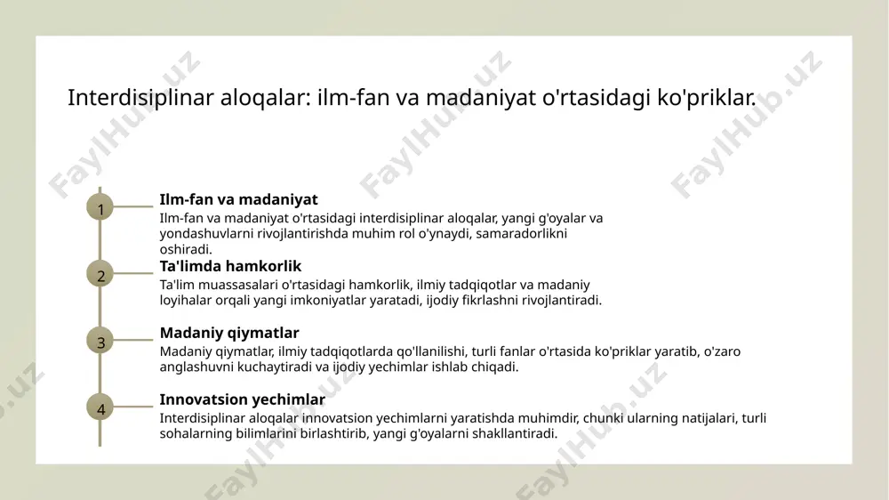 arkazlar, o'zaro aloqalar va tajribalarni baham ko'rish uchun muhim joylardir. ular turli madaniyatlar o'rtasida ko'prik vazifasini bajaradi. innovatsiyalar va ijod madaniy markazlar ijodiy g'oyalarni rivojlantirish uchun muhim platformalardir. ular yangi loyihalar va tadbirlar uchun innovatsion imkoniyatlar yaratadi. global hamkorlik madaniy markazlar xalqaro hamkorlikni kuchaytiradi. ular turli mamlakatlar o'rtasida madaniy almashuvni rag'batlantiradi, bu esa global aloqalarni mustahkamlaydi. xulosa 1 alokalar va hamkorlikning ahamiyati o'zbekistonda interdisiplinar aloqalar kuchayib bormoqda, bu esa yangi ilmiy hamkorliklar va madaniy almashuvlarni rivojlantirishga yordam beradi. 2 madaniyatlararo muloqot madaniyatlararo muloqot ilmiy tadqiqotlarning sifatini oshiradi, global tajribalardan foydalanishga imkon yaratadi va yangi g'oyalarni keltirib chiqaradi. 3 akademik hamkorlik imkoniyatlari o'zbekistondagi akademik markazlar yangi imkoniyatlar yaratadi, bu esa ta'lim va tadqiqot sohalarida innovatsiyalarni kuchaytiradi va xalqaro aloqalarni mustahkamlaydi. foydalanilgan adabiyotlar 1. askarov a., abdullayev u. o'zbekistonda akademik markazlar: aloqalar va madaniy almashuv. o'zbekiston milliy universiteti, 2022. 2. jumaniyazov d. interdisiplinar tadqiqotlar: yangi imkoniyatlar va hamkorlik. o'zbekiston fanlar akademiyasi, 2021. …