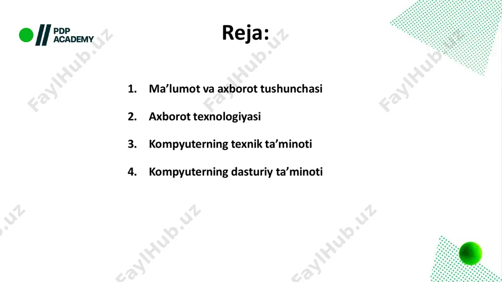 ini saqlashga erishiladi. texnologiya nima? texnologiya so’zi lotincha (grekcha) techne –san’at, mahorat, hunar va logos – fan so’zlaridan tashkil topgan. u aniq maqsadga erishish uchun zaruriy vositalar, usul va sharoitlardan foydalangan holda muayyan amallar ketma-ketligini bajarishni ko’zda tutadi axborot texnologiyasi nima? axborot texnologiyasi bu - axborotli jarayonlarni amalga oshiruvchi usul va vositalar majmuidir. axborotli jarayonlar quyidagicha bo’ladi: - axborotni qabul qilish; - axborotni saqlash, - axborotni qayta ishlash; - axborotni uzatish. kompyuter bu nima? kompyuter 2 ta ta’minotdan iborat: ➢texnik ta’minot; ➢dasturiy ta’minot. texnik ta’minot bu nima? kompyuter qurilmalaridir. ingliztexnik ta’minot – tilida bu qismning hardware deb atalishi va “qattiq mahsulotlar” deb tarjima qilinishi sizga ma’lum (ing. hard mahsulot).– qattiq, ware – vinchester, monitor, klaviatura, bu qismga protsessor, disk yurituvchi, printerlarni misol qilib ko‘rsatish mumkin. kompyuternining texnik ta’minoti - asosiy qurilmalar - qo’shimcha qurilmalar asosiy qurilmalar kompyuter ishlashi uchun minimal tarzda talab etiladigan qurilmalar tizimli blok (ya’niprotsessorni mikroprotsessor central processing …