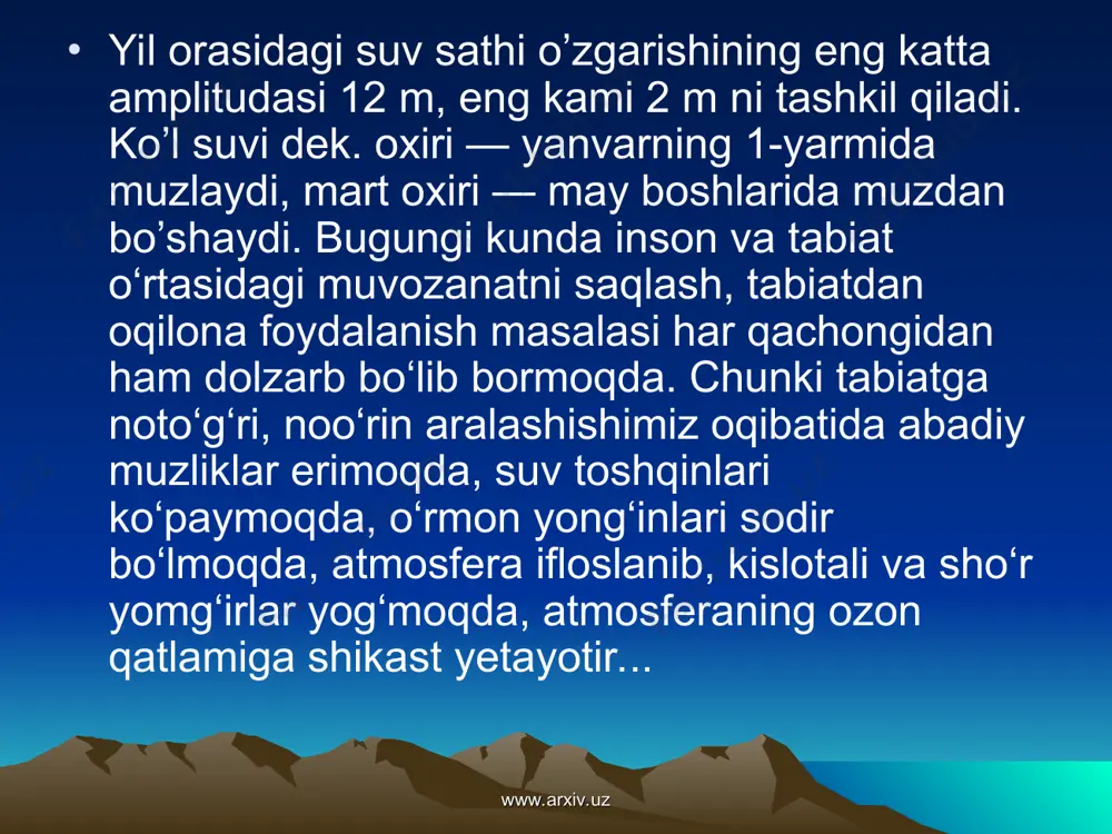 usoyga yana ekspeditsiya yuboriladi. asosiy vazifa to‘g‘onning mustahkamligini aniqlash edi. ekspeditsiya yaqin orada uning buzilish xavfi yo‘q, shuningdek, ko‘ldan suv sizib, sat­hi pasayib borishi ham mumkin, degan fikrni aytgan. 1934 yilga kelib, sarezning uzunligi 63 km., keng­ligi 3 ming, chuqurligi esa 500 metr­ga yetgandi. 1946 yilda taniqli alpinist v.ratsek ko‘l to‘g‘oni buzilib ketmaydi, degan fikr­ni ilgari suradi. www.arxiv.uz www.arxiv.uz o‘sha yili geograf olim v.akulov ham sarez ko‘lini tekshirib, kengligi 3180-3380 metr, umumiy maydoni 88 kvadrat kilometr, deb ma’lumot bergan. ko‘lning eng chuqur joyi 505 metr, g‘arbiy qismi to‘g‘ondan 1 ming 500 metr uzoqlikda ekanligini belgiladi va xatarli degan to‘xtamga keladi. 1987 yilda mo‘‘jizaviy ko‘l yana tilga olina boshladi. o‘shanda 11 metr balandlikdan 18 million kub metr tog‘ jins­lari o‘pirilib tushadi. oqibatda ko‘l sathida qattiq chayqalish yuz bergan... www.arxiv.uz www.arxiv.uz o‘tgan asr oxirigacha sarezda suv sathi ko‘tarilib borgan. bundan xavotirga tushgan mahalliy aholi qishloqlarni butunlay tark etadi. www.arxiv.uz www.arxiv.uz mutaxassislar shu …