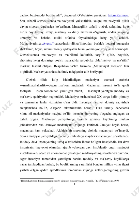 boshqalarda, ibtidoiy davrda yashagai ajdodlarimnzning ruhi sezilib turadi. shu boisdan hozirgi moddiy va ma`naviy madaniyatimizning vujudga kelishi hamda mohiyati to`g‘risida muayyan tasavvur xosil qilish uchun ibtidoiy davr madaniyati, uning rivojlanish bosqichlari masalasiga tuxtalib o`tish o`ta muhimdir. ibtidony odamlar er yuzida yo`q bo`lib ketganlar. biroq erning yuqori qatlamlarida qadim ajdodlarimiz faoliyatining moddiy qoldiqlari. uning ish qurollari, yaroqaslahalari, uylari, jixozlari, kiyimlari, tasviriy san`at asarlarn, topinish buyumlari va nihoyat yovvoyi hamda uy hayvonlarining suyaklari birin-ketin, qavatmaqavat bo`lib ko`milib saqlanib qolgan. shu bilan birga qadim ajdodlarimiz to`g‘risida muayyan fikr yuritish uchun ulardan bizga meros bo`lib kelgan, u yoki bu darajada saqlanib qolgan xalq og‘zaki ijodining namunalari manba vazifasini o`taydi. ibtidoiy jamiyatning rivojlanish tarixi bir qancha, bosqichlar yoki davrlarni bosib utgan. fanda asosan mehnat qurollari qanday materialdan yasalganligiga qarab,ibtidoiy davrni tosh, bronza va temir asrlariga bo`lish odatga aylanib qolgan. masalan, kopengagen (daniya) asori-atiqalar muzeyi xodimi kristian tomsen birinchi marta fanga mehnat qurollarini yasalgan materiallarga qarab …