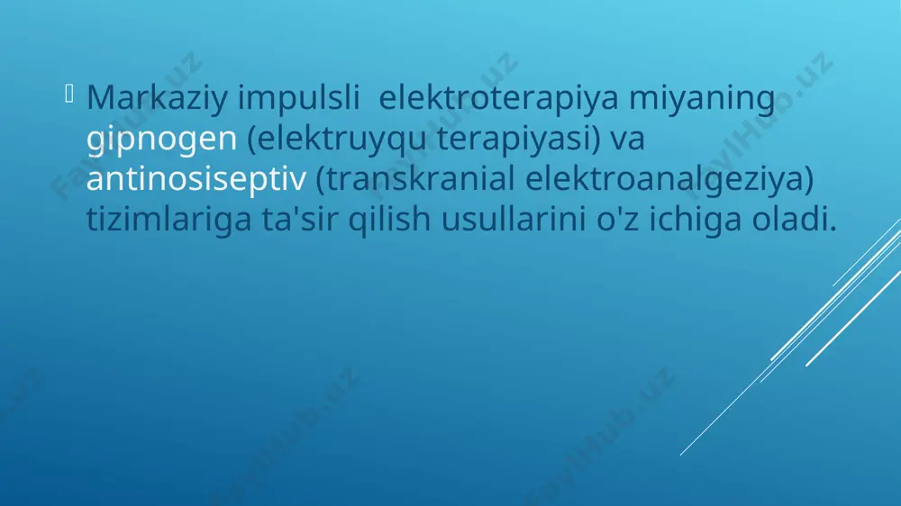 (motor nervining mushakka kirishiga) impulsli tok ta'sirlash orqali amalga oshiriladi. impuls toki parametrlari elektrodiagnostikaning natijalariga asoslanadi. texnika kichik jarohatlarda muolaja monopolyar uslubiga muvofiq amalga oshiriladi (faol elektrod yuzasi 4 sm2 -harakatlantiruvchi nuqtalarga, passiv elektrod esa sathi 100 sm2 -tegishli segment bo'yicha joylashtiriladi). katta jarohatlarda bipolyar usul (teng o'lchamli elektrodlar) qo’llaniladi. muolajalar har kun yoki kunora amalga oshiriladi. muolajalarning davomiyligi mushaklar shikastlanishining tabiati va darajasiga bog'liq va 30-45 daqiqagacha bo’ladi. davolash kursi 10-15 muolaja; zarur bo’lganda 2 hafta - 1 oydan so’ng takror amalga oshiriladi. diadinamoterapiya diadinamik impulsli toklar (bernar toklari) bilan tanaga davolash uchun ta'sir ko’rsatish usulidir. membranadagi diadinamik toklar bilan qutblanish jarayonlari natijasida, qalin miyelinli tolalar qo’zg’aladi (ap-tolalar), afferent impuls orqa miya orqa shoxlari ichidan o’tib, bundan keyin spinothalamik va spinoretikulotalamik yo'llar orqali o’tib miya stvolida opioid va serotoninergik tizimlarni faollashtiradi va yarimsharlar po’stlog’ida qo’zg’alishning dominant o’chog’ni hosil qiladi. impuls o’tkazuvchanlik ap-tolalarda -c- va ab tolalardan (og'riq sezuvchanlik o'tkazgichlari) …