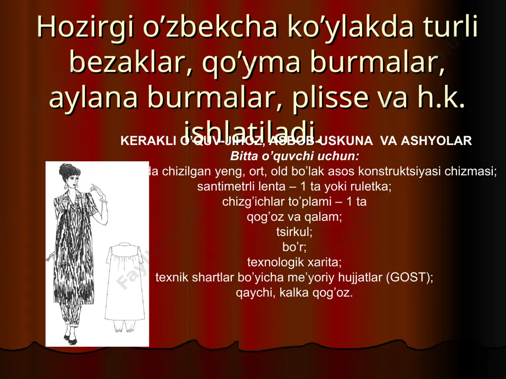 i asosida chiziladi. 4. ko’ylak chizmasida ort koketka o’rnini belgilash. 5.orqa yelka vitochkasini koketkasini ulash chizig’iga o’tkazish hamda ort koket konturini chizish. chizg’ich, qalam, qog’oz, sm. lenta.chizg’ich, qalam, qog’oz, sm. lenta. koketka chizig’i model eskiziga qarab aniq belgilanadi.kaketka chizig’i taxminan yeng o’mizining 0,5 qismini tashkil etadi. ko’krak vitochka (22-23 va (21-23) chiziqlari bo’ylab va koketka chizig’i bo’yicha qirqiladi. vitochka yelkada yopilib, koketka chizig’i bo’yicha ochiladi. etiboringiz uchun raxmat 23 2 2 18 21 2,5-3,0 ñì