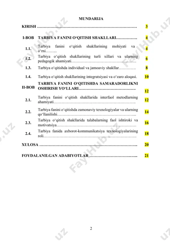 ng turli pedagogik tizimlarda qo‘llanilishi. kurs ishining predmeti: tarbiya fanini o‘qitish shakllarining zamonaviy ta’lim tizimidagi o‘rni va samaradorligi, turli shakllar orqali o‘quvchilarning tarbiyaviy sifatlarini rivojlantirish. kurs ishining metodologik asosi: pedagogika, psixologiya va sotsiologiya fanlari, shuningdek, zamonaviy ta’lim texnologiyalari asosida tarbiya fanini o‘qitish shakllarini o‘rganish va ularning ta’lim jarayonidagi ahamiyatini tahlil qilish. kurs ishining amaliy ahamiyati: tadqiqot natijalari tarbiya fanini o‘qitish shakllarini takomillashtirish, interfaol metodlar va innovatsion pedagogik texnologiyalarni qo‘llash orqali o‘quvchilarning ma’naviy va axloqiy rivojlanishini oshirishga yordam beradi. shuningdek, zamonaviy ta’lim shakllari, audiovizual vositalar va interaktiv metodlarni joriy etish orqali o‘quvchilarning umumiy tarbiya sifatini yuqori darajaga ko‘tarish imkoniyatlarini yaratadi. i bob. tarbiya fanini o‘qitish shakllari 1.1. tarbiya fanini o‘qitish shakllarining mohiyati va o‘rni tarbiya fanini o‘qitish shakllari ta’lim jarayonining ajralmas qismi bo‘lib, o‘quvchilarning ma’naviy va axloqiy jihatdan rivojlanishini ta’minlashda muhim rol o‘ynaydi. har bir shakl o‘qitish jarayonining samaradorligini oshirishga, o‘quvchilarning individual va jamoaviy rivojlanishiga yordam beradi. tarbiya fanini o‘qitish shakllari, …