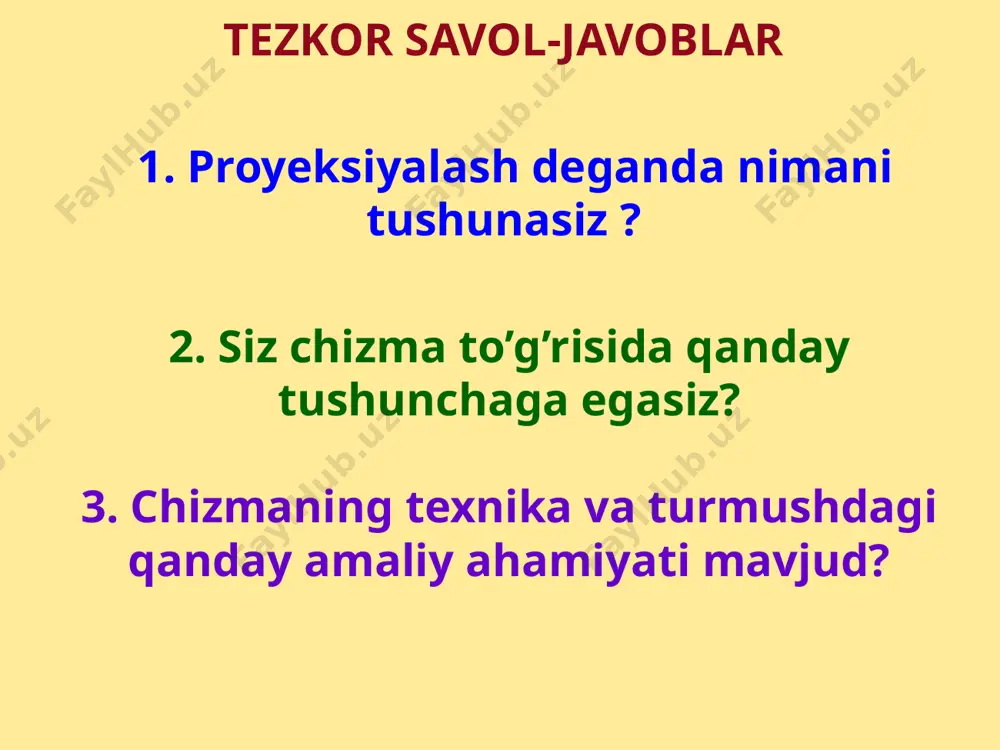 di. ya’ni ab∩cd=e bo‘lsa, apbp∩cpdp=ep bo‘ladi. proyeksiyalash yo‘nalishi bo‘yicha ab va cd kesmalarining apbp va cpdp proyeksiyalarini proyeksiyalar tekisligi p dagi proyeksiyalarni yasaymiz. kesmalarni proyeksiyalovchi tekisliklar o‘zaro eep to‘g‘ri chiziq bo‘yicha kesadi, bunda eep∥ccp bo‘lib,u e nuqtani proyeksiyalovchi nuri bo‘ladi. ab va sd kesmalarining kesishuvidan hosil bo‘lgan e nuqtaning proyeksiyalar tekisligi p dagi proyeksiyasi ep bo‘ladi. 3-xossaga asosan e∈ab va e∈cd bo‘lgani uchun ep∈apbp va ep∈cpdp bo‘lishi shart. demak, ep nuqta apbp va cpdp kesmalar uchun umumiy nuqtadir. parallеl proyeksiyalash usulining xossalari 7-xossa. parallel to‘g‘ri chiziqlarning tekislikdagi proyeksiyalari ham parallel bo‘ladi. agar ab∥cd bo‘lsa, apbp∥cpdp bo‘ladi. ushbu rasmda s yo‘nalish bo‘yicha ab va cd to‘g‘ri chiziq kesmalarining proyeksiyalar tekisligidagi apbp va cpdp proyeksiyalari yasalgan. hosil bo‘lgan ab va cd to‘g‘ri chiziq kesmalarining proyeksiyalovchi tekisliklari proyeksiyalar tekisligi p bilan kesishganda apbp∥cpdp kesmalar hosil bo‘ladi. 8-xossa. parallel to‘g‘ri chiziq kesmalarining nisbati bu kesmalar proyeksiyalarining nisbatiga teng bo‘ladi. ya’ni ab∥cd bo‘lib, ab:cd=q bo‘lsa, …