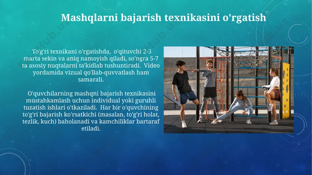 'lom turmush tarzini shakllantirish dasturda yurak-qon tomir tizimi va mushaklarning kuchini oshirishga qaratilgan 10 ta turli xil jismoniy mashqlar kompleksi qo'llaniladi, har bir mashq 15-20 takrorlanishdan iborat. “sog'lom turmush tarzini shakllantirish” dasturi 5-11 yoshli bolalar uchun jismoniy mashqlarning 30% ni, o'yinlarning 40% ni va sog'lom ovqatlanish haqidagi ta'limning 30% ni o'z ichiga oladi. jamoaviy o'yinlar jamoaviy o'yinlarda, masalan, basketbol yoki voleybolda, o'yinchilarning 5-7 kishidan iborat 2 ta jamoaga bo'linishi va har bir o'yinchi o'z vazifasini bajarishi muhim hisoblanadi. jamoaviy o'yinlar darslarida jismoniy tayyorgarlikning 3-5 xil elementi, shu jumladan tezlik, chidamlilik, kuch va moslashuvchanlikni rivojlantirishga qaratilgan mashqlar qo'llaniladi. kurash turlari kurashda 10 dan ortiq turli xil ushlab olish va tashlash texnikalari qo'llaniladi, ularning har biri raqibning muvozanatini buzish va uni mag'lub etish uchun mo'ljallangan. kurashning 5 ta asosiy turi mavjud bo'lib, ularning har biri o'ziga xos texnika va qoidalarga ega: belbog'li kurash, erkin kurash, klassik kurash, yengil kurash va bolalar kurashi. …
