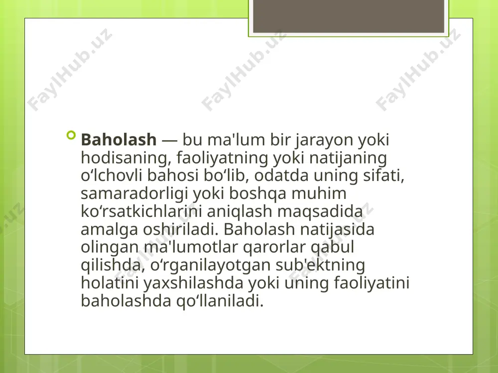 holash: kompyuter orqali amalga oshiriladigan baholash (masalan, onlayn testlar va sinovlar). peer baholash: o‘quvchilar bir-birlarini baholaydigan jarayon. o‘quvchiga yo‘naltirilgan baholash: o‘quvchi o‘zi tomonidan o‘z faoliyatini baholash. baholashning mezonlari — bu o‘quvchilarning bilimini, ko‘nikmalarini va malakalarini baholashda qo‘llaniladigan mezonlar to‘plami. o‘quvchilarni baholashda ishlatiladigan mezonlar har bir o‘quvchi uchun adolatli va aniq baho berish imkonini beradi. quyidagi baholash mezonlari keng qo‘llaniladi: 1. bilim va tushuncha o‘quvchining mavzuni qanchalik chuqur tushunishi, asosiy tushunchalarni bilishi va ularga tayanib javob berishi. o‘quvchi tushunchalar o‘rtasidagi bog‘liqlikni anglab yetishi. 2. ko‘nikmalar va malakalar o‘quvchining o‘rganilgan materialni amaliyotda qanday qo‘llay olishi. masalalarni hal qilish, g‘oyalarni yaratish va tizimli fikrlash ko‘nikmalarini qanday rivojlantirganligi. 3. ijodkorlik va tahlil qilish qobiliyati o‘quvchining ijodiy yondashuvini va yangi g‘oyalarni taklif qilish qobiliyatini baholash. muammolarni tahlil qilish va kompleks masalalarni hal qilishdagi qobiliyati. 4. mustaqil ishlash o‘quvchining o‘zi mustaqil ravishda o‘qish, o‘rganish va ishni bajarishga bo‘lgan qobiliyati. berilgan vazifalarni o‘zi hal qilish, materialni o‘zlashtirishda …