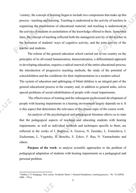ir implementation in a modern school. the system of education and upbringing of blind children is an integral part of the general educational process in the country and, in addition to general tasks, solves special problems of social rehabilitation of people with visual impairments. the effectiveness of training and the subsequent professional development of people with hearing impairments in a hearing environment largely depends on it. it is this aspect that determines the relevance of the chosen topic of the course work. an analysis of the psychological and pedagogical literature allows us to state that the pedagogical aspects of teaching and educating students with hearing impairments, as well as individual methods and techniques specific to them, are reflected in the works of i. bagrova, a. gozova, n. zasenko, l. fomicheva, i. zuckerman, l. vygotsky, r. boschis, s. zykov, f. rau, n. yarmachenko and others. purpose of the work: to analyze …