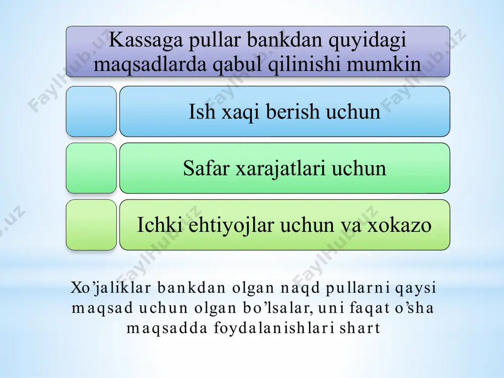 r sanab chiqiladi ortiqcha pullar chiqqanda, ushbu summa kassaga qaytadan kirim qilinadi: d-t 5010-«milliy valyutadagi pul mablag’lari» k-t 9390-«boshqa muomalaviy daromadlar». kamomad aniqlanganida: d-t 4730-«moddiy zararni qoplash yuzasidan xodimlarning qarzi» k-t 5010-«milliy valyutadagi pul mablag’lari». kamomad summasini kassir bevosita kassaga to’laganida: d-t 5010-«milliy valyutadagi pul mablag’lari» k-t 4730-«moddiy zararni qoplash yuzasidan xodimlarning qarzi». kamomad summasi kassirning ish haqidan ushlab qolinganida: d-t 6710-«xodimlar bilan mehnat haqi yuzasidan hisoblashishlar» k-t 4730-«moddiy zararni qoplash yuzasidan xodimlarning qarzi». xulosa. o’zbekiston respublikasida kassa muomalalarini amalga oshirish uchun tegishli me’yoriy asos yaratilga bo’lib, barcha xo’jalik yurituvchi sub’ektlar, xususan qishloq xo’jalik korxonalari xam ushbu asoslarga amal qilishi lozim. kassada xech qanday qonun buzilish xolatlariga yo’l qo’yib bo’lmaydi takrorlash uchun savollar kassadagi pul mablag’lari harakatining hisobi qaysi hujjatlarda rasmiylashtiriladi? kassa muomalalarini hisobga olish xususiyatlari nimalardan iborat? kassadagi inventarizatsiyani o’tkazish tartibi qanday? kassada naqd pul kirimi qanday amalga oshiriladi? e’tiborlaringiz uchun raxmat! telefon raqam: 93-419-29-14 telegram raqam: 93-419-29-14 akramjon_1975@mail.ru …