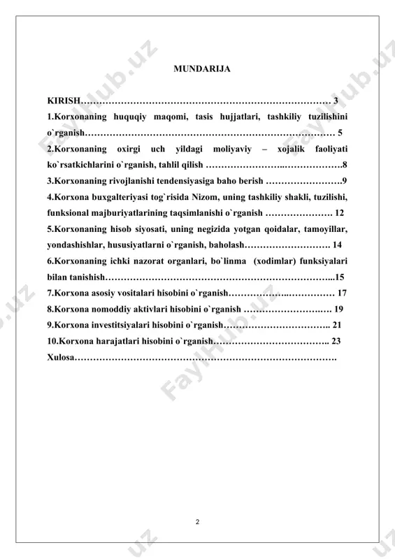 zamonaviy ehtiyojlariga mos yuqori malakali va raqobatbardosh kadrlar tayyorlash siyosatini izchil davom ettirish muhim ahamiyat kasb etadi ”. shuningdek prezidentimizning pq-3151-sonli “ oliy ma`lumotli mutaxassislar tayyorlash sifatini oshirishda iqtisodiyot sohalari va tarmoqlarining ishtirokini yanada kengaytirish chora-tadbirlari to`g`risida”gi qarori talabalarning amaliyotlarini samarali tashkil etishga asos yaratdi. buxgalteriya hisobini chuqur o`rganishda malakaviy amaliyot muhim rol o`ynaydi. shu maqsadda biz “buxgalteriya hisobi va audit “ yo`nalishi talabalari o`quv rejaga muvofiq 3 kurs davomida mutahassisligimiz bo`yicha olgan nazariy bilimlarimizni mustahkamlash , chuqurlashtirish va amaliy tajriba va ko`nikmalarimizni shakllantirish maqsadida tanishuv ishlab chiqarish amaliyotini o`tadik. 2017 – 2021-yillarda o`zbekiston respublikasini rivojlantirishning beshta ustuvor yo`nalishi bo`yicha harakatlar strategiyasi 2o`z.res.pre. sh.mirziyoyevning pq-3151-sonli “ oliy ma`lumotli mutaxassislar tayyorlash sifatini oshirishda iqtisodiyot sohalari va tarmoqlarining ishtirokini yanada kengaytirish chora-tadbirlari to`g`risida”gi qarori -3- 1 – mavzu: korxonaning huquqiy maqomi, tasis hujjatlari, tashkiliy tuzilishini o`rganish o’zbekiston mustaqillikka erishgach xususiy korxonalarni, masuliyati cheklangan jamiyatlarning, aksadiyorlik jamiyati va tadbitkorlarning sonini ko’paytirish maqsadida ko’plab …