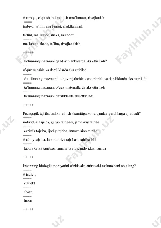 r ==== muhit, tarbiya, bilim ==== irsiyat, tabiiy muhit, ijtimoiy munosabatlar +++++ “inson kamolatida uch narsa – irsiyat, muhit, tarbiya muhim rol o‘ynaydi” degan fikrni ilk bor ilgari surgan sharq mutafakkiri kim? ==== # abu rayhon beruniy ==== abu nasr forobiy ==== abu ali ibn sino ==== yusuf xos hojib +++++ shaxsning rivojlanishi qanday holatlar bilan belgilanadi? ==== # shaxsning fiziologik, ruhiy, intellektual o‘sishini ta’minlovchi faoliyat hamda xatti-harakatlarning miqdor va sifat jihatdan o‘zgarishlar bilan ==== shaxsning fiziologik, ruhiy kamolotga erishishida kechadigan miqdor o‘zgarish bilan ==== shaxsning fiziologik, ruhiy kamol topishida kechadigan sifat o‘zgarishlar bilan ==== shaxs kamolotida muhim o‘rin tutuvchi faoliyat ko‘nikmalarining miqdor va sifat jihatdan takomillashib borishi bilan +++++ shaxsga xos individual xususiyatlarni ko‘rsating ==== xususiyatlar shaxsning yo‘nalganligi, qiziqishlari, xarakterini tavsiflovchi barqaror, muhim xususiyatlar ==== shaxsning yo‘nalganligi, qiziqishlari, xarakteri, uni boshqalardan ajratib turadigan aqliy kamolotini yorituvchi barqaror, muhim xususiyatlar ==== # shaxsning yo‘nalganligi, qiziqishlari, xarakteri, uni boshqalardan ajratib turadigan …