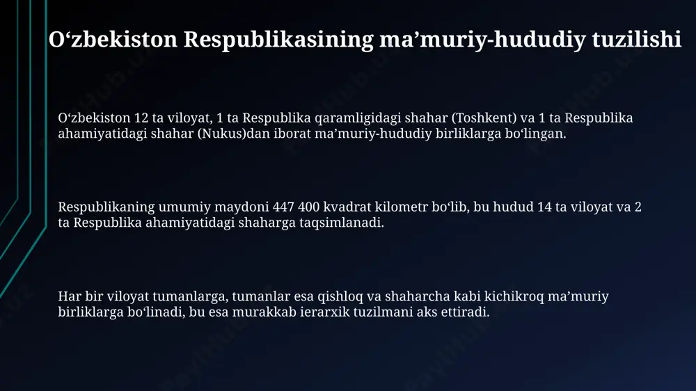 2 ta hududga boʻlingan viloyatlar, respublika miqyosidagi shaharlar va toshkent shahri tarkibiga kiradi, ularning har biri oʻziga xos maʼmuriy-hududiy tuzilishga ega. shaharlarning maʼmuriy-hududiy tuzilishi shaharlar hokimliklari mahalliy byudjetni boshqarish, ijtimoiy-iqtisodiy rivojlantirish va kommunal xizmatlarni taʼminlash kabi vazifalarni amalga oshiradi. toshkent shahri 11 ta tuman va 2 ta shaharchadan iborat boʻlib, aholi zichligi yuqori boʻlgan yirik maʼmuriy birlik hisoblanadi. qoraqalpogʻiston respublikasi tarkibiga 1 ta shahar va 14 ta tuman kiradi, ularning har biri oʻziga xos maʼmuriy-hududiy tuzilishga ega. tumangarning maʼmuriy-hududiy tuzilishi oʻrtacha har bir tumanda 100 dan ortiq mahallalar mavjud boʻlib, ularning har biri saylangan mahalla raisi tomonidan boshqariladi, bu esa mahalliy boshqaruvning muhim qismidir. tumanlarning hududiy chegaralari tarixiy va geografik omillar, shuningdek, aholining zichligi va iqtisodiy faoliyat koʻrsatkichlari asosida belgilanadi, oʻzgarishi mumkin. tumanlar 12 ta shahar va 146 ta tumanlardan tashkil topgan viloyatlarga boʻlinadi, har bir tuman oʻzida qishloq va shaharcha kengashlarini oʻz ichiga oladi. hududiy boshqaruvning asosiy tamoyillari hududiy …