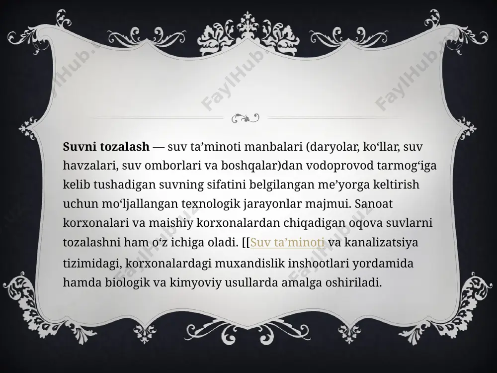 tish nazarda tutilgan. qator ishlab chiqarish korxonalarida (kimyoviy, sellyuloza-qog`oz, neftkimyoviy va boshqa) oqova suvlarini chiqarmasdan suv xo`jalijining aylanma tizimini yaratish bo`yicha ishlar boshlangan. chiqindi va oqova suvlarning miqdoqini qisqartirishga sabab bo`ladigan suvli texnologik jarayonlarni suvsizga almashtirish ishlarini keng ko`lamda kengaytirish ishlari ham ko`zda tutilmoqda. shahar kanalizatsiya tozalash inshootlarida oqova suvlarini mukammal tozalash hisobiga bir qator sanoat korxonalarida uskunalari sovutish va shuning evaziga toza ichimlik va texnik suvlar iste`molini kamaytirish nazarda tutilgan. ana shu maqsadda xukumatimizning bir qancha qaror va qonunlari qabul qilingan. jumladan, 1993-yil 6-mayda “suv va suvdan foydalanish to`g`risida”gi qonunining 73, 74, 75 va 79 moddalaridagi suvlarni oqizish uchun suv ob`ektlaridan foydalanish va suvni muhofaza qilish choqa-tadbirlari. fransiyaning marsel shahrida 2012 yil 17 martdagi “umumjaxon suv forum”lari talablaridan. foydalanilgan adabiyotlar va saytlar: https://encrypted-tbn0.gstatic.com/images?q=tbn:and9gcr7mkml9nv45f6epquaatrzlf_cn8ucjieaqg&usqp=cau https://fayllar.org/yopiq-aylanuvchi-suv-sistemalari-va-suv-tozalash-inshootlari-s-v2.html https://english-life.uz/yopiq-aylanuvchi-suv-sistemalari-va-suv-tozalash-inshoatlari-suv-inshoatlari-xolatini-nazorat-qilish-usullari-va-moslamalari/ image3.png image4.png image5.png image2.png /docprops/thumbnail.jpeg