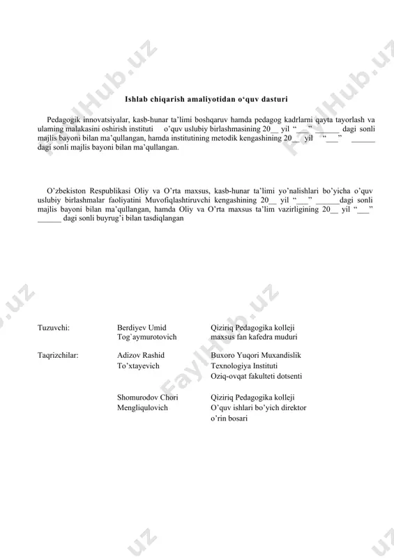 ish. o’quvchilarni amaliyotga yuborishdan oldin ular amaliyotning vazifasi, dasturi, kundalik hisobotni olib borishning formasi, kundalik hisobotga ilovalarning sxemasi, shuningdek amaliyot to’g’risidagi amalda bulgan qoidalari va ko’rsatmalar, mehnat va maishiy dam olish sharoitlari, mehnat xavfsizligining qoidalari va yong`in xavfsizliklari bilan tanishishlari kerak. o’quvchilarning fan komissiyasi tomonidan tasdiqlangan topshiriq vazifalari, amaliyot qoidasiga muvofiq mutaxassislik fanlarining o’qituvchilari, ya'ni amaliyot rahbarlari tomonidan bajariladi. o’quvchilarga amaliy yordam va ularni ishini nazorat qilish korxona tomonidan tayinlangan va o’quv muassasasi tomonidan biriktirilgan rahbar tomonidan berilishi kerak. o’quv muassasasidan tayinlangan rahbarlar amaliyot o’tkaziladigan maktabgacha ta'lim tashkiloti tayinlangan amaliyot rahbarlari bilan aloqa bog’lab, amaliyotni o’tkazish bo’yicha ish rejalari tuziladi. individual topshiriqlar mavzularini tuzadilar va ularning bajarilishini nazorat qiladilar. o’quvchilarga metodik yordam beradilar, o’quvchilarni ish joylari bo`yicha taqsimlashda ishtirok etadilar yoki ishning turi bo`yicha bir joydan ikkinchi joyga ko`chirishda qatnashadilar, amaliyot davrida o’quvchilarning maishiy va yaxshi dam olishlarini tashkil qiladilar, amaliyot davrida aniqlangan barcha kamchiliklar to’g’risida o’quv muassasalari va tashkilotlari …