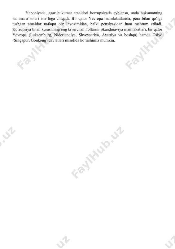 ul qilingani mazkur illatga qarshi kurashda muhim omil vazifasini o‘tamoqda. xalqaro hujjatlar ichida bmt bosh assambleyasi tomonidan qabul qilingan korrupsiyaga qarshi konvensiya (2003 yil 31 oktabr) asosiy xalqaro-huquqiy hujjat bo‘lib, u ushbu jinoyatning mohiyatini to‘liq ochib, unga qarshi kurash choralarini belgilab beradi. mamlakatimiz 2008 yil 7 iyulda bmtning yuqorida ko‘rsatib o‘tilgan konvensiyasiga qo‘shildi. davlatimiz 2010 yil mart oyida iqtisodiy hamkorlik va rivojlanish tashkiloti doirasida qabul qilingan korrupsiyaga qarshi kurashning istanbul rejasiga (2003 yil 10 sentabr) qo‘shilgan. shuningdek, oliy majlis tomonidan jinoiy daromadlarni legallashtirishga va terrorizmni moliyalashtirishga qarshi kurashish bo‘yicha yevroosiyo guruhi to‘g‘risidagi bitimi (moskva, 2011 yil 16 iyun) 2011 yil 13 dekabrda ratifikatsiya qilingan. bundan tashqari, adliya vazirligi va bosh prokuratura tomonidan konvensiya talablaridan kelib chiqqan holda normativ-huquqiy hujjatlar loyihalarining aksilkorrupsiyaviy ekspertizasini o‘tkazish metodikasi ishlab chiqilgan va 2011 yil 20 oktabrda tasdiqlangan. “o‘zbekistonda korrupsiyaga qarshi kurashishni kuchaytirishni yanada takomillashtirish milliy dasturini tasdiqlash to‘g‘risida”gi qonun loyihasi ishlab chiqilib, hozirda takomiliga yetkazilmoqda. …
