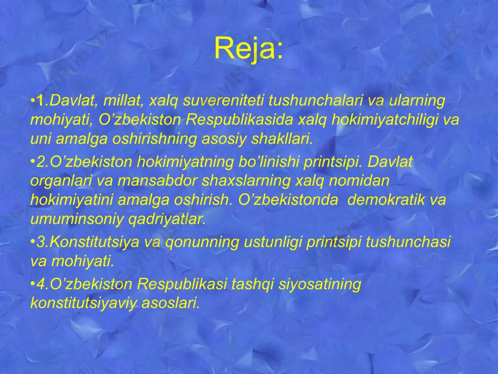 bul kilingan. unda respublika davlat suining asosiy printsiplari mustaxkamlab quyilgan .bular: davlat xududi hamda chegaralarining daxlsizligi va bulinmasligi, mustaqil ichki va tashqi siyosat . xalqaro huquqning asosiy printsiplarini e'tirof etish va xurmat kidlish uz tarakkiyot yulingi , davlat ramzlarini tanlashdagi mustaqillik va x.k. davlatimiz suverenitetini quyidagi alomatlari buyicha aniqlash mumkin. o`zbekiston respublikasi konstitutsiyaviy –huquqiy tizimining mavjudligi. xudud oliy xokimiyat organlari tizmi yagona qurolli kuchlar davlat mulki, yagona pul kredit tizimi davlat tili davlat ramzlari xalkaro munosabatlar mubi ekanligi. demak, davlat suverenitetining muxim belgisi davlat xokimiyatining , mamlakatning konstitutsiyasi va qonunlarida boshqa xech narsa bilan cheklanmasligidir. millat suvereniteti – millatning siyosiy va huquqiy xolatidir. xar bir uzining suveren siyosiy va huquqiy xolatiga kura, uz siyosiy xolatini uz irodasi bilan boshqa xalqlarning aralashuvisiz mustaqil tarzda belgilaydi, iqtisodiy, madaniy, rivojlanish yulini tanlaydi va uz milliy davlatini tuzadi. milliy suverenitet millatning xususiyati bo`lib, uning mustaqil yashash huquqini bildiradi. o`zbekiston respublikasining davlat mustaqilligining huquqiy asoslari. …