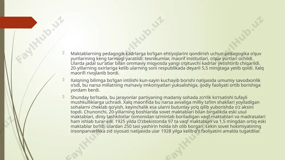 ng paydo bo‘lishi tegishli mutaxassislarga bo‘lgan talabni kuchaytirdi. institutlar va texnikumlarga mutaxassislar etishtirib chiqarishni miqdor jihatidan ko‘paytirish vazifasi yuklandi, buning natijasida o‘qish muddatlari ancha qisqartirildi. mavjud institutlar va texnikumlarning bazalarida yangi o‘quv yurtlari, jumladan, paxtachilik-irrigatsiya, politexnika, qishloq xo‘jaligi, kon qidirish, zooveterinariya, avtomobil yo‘llari, to‘qimachilik transport, tibbiyot institutlari va boshqa institutlar ochildi. pedagogik akademiya bazasida 1933 yili samarqandda o‘zbekiston davlat universiteti (hozirgi samdu) barpo etildi. 30-yillarning oxirlarida respublikada 44 ming talaba o‘qiydigan 30 ta oliy o‘quv yurtlari va 98 ta texnikumlar ishlab turdi. institut va texnikumlarni bitirib chiquvchilarning soni bir necha baravar ko‘paydi. bu yangi mutaxassislar xalq xo‘jaligi safiga kelib qo‘shildi. mutaxassis kadrlar tayyorlashda asosan ularning soni ko‘paytirildi, sifatiga esa e’tibor berilmadi. institut va texnikumlarda mahalliy millat vakillari kam edi. yuqori malakali o‘zbek professor-o‘qituvchilari va o‘zbek tilidagi darsliklarni tayyorlashga harakat qilinmasdi. 20-30-yillarda xotin-qizlarning savodini chiqarishga katta e’tibor berildi, ayollarning savodsizligini tugatish bo‘yicha maxsus kurslar tashkil qilindi. 1926 yilda respublikadagi 82 ta …