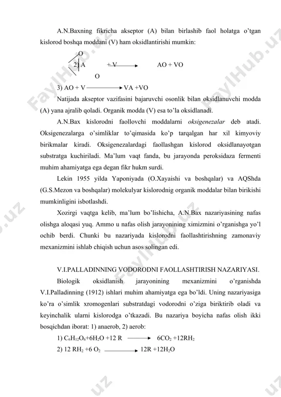 lektronlar va protonlarni tortib oladi va natijada suv hosil bo’ladi. keyingi izlanishlarda, v.i.palladin nazariyasi, ya’ni nafas olishda anaerob va aerob bosqichlarning mavjudligi hamda bunda suv ishtirok etishi to’la tasdiqlandi. 1912 yilda nemis bioximigi g. viland ham biologik oksidlanish vodorodning ajratib olinishi bilan bog’liq ekanligini ko’rsatgan edi. nafas olishda suvning ishtirok etishi va kislorod vodorodning oxirgi akseptori ekanligini 1955 yilda b.b.vartapetyan va l.a. ko’rsanov tajriba asosida isbotladilar. buning uchun ular izotoplar (o-18) usilidan foydalandilar. nafas olish va bijg’ishning o’zaro aloqasi. s.p.kostichev (1910) ko’rsatishi boyicha nafas olish va bijg’ishlar bir xil jarayonlar bilan shakarlarning parchalanishidan boshlanadi. keyinchalik nafas olish co2 va suvning, bijg’ish esa co2 va spirtning hosil bo’lishi bilan yakunlanadi. buni quyidagi sxemada ko’rsatish mumkin: nafas olish co2 + h2 o +o2 c6h12o6 oraliq moddalar -o2 bijg’ish co2 + spirt keyingi yillarda nemis bioximigi k.neyberg, s.p.kostichev va boshqalarning ilmiy izlanishlari asosida aniqlanishicha nafas olish va bijg’ish jarayonlari bir-biri bilan oraliq mahsulot …