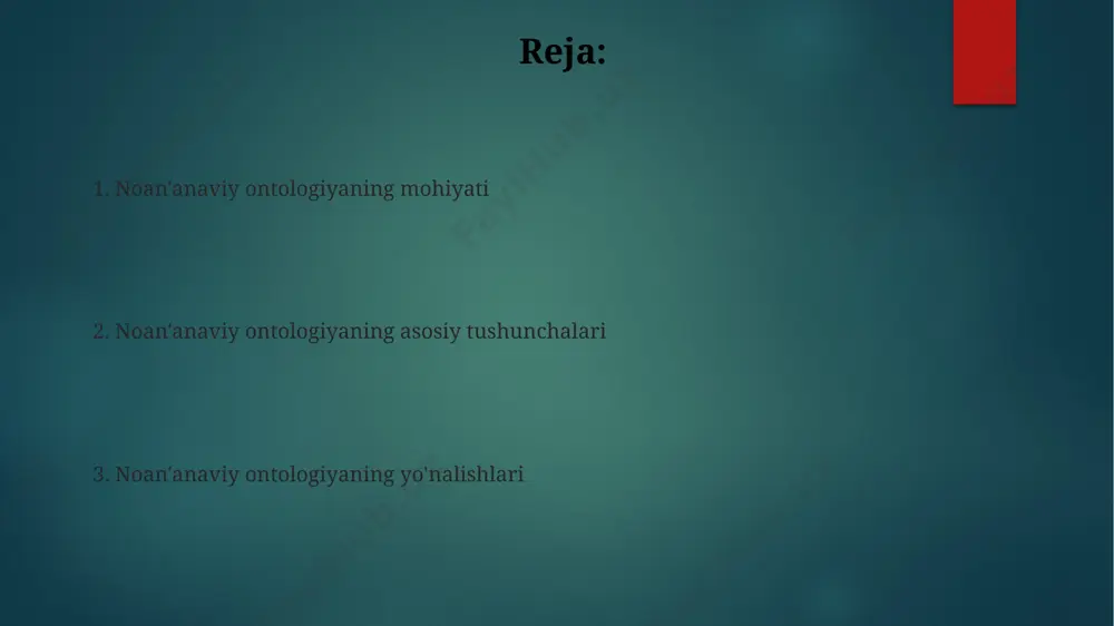 egaralari klassik ontologiya sub'ekt-ob'ekt dikotomiyasiga qat'iy rioya qiladi, dunyoni alohida, o'zaro bog'liq bo'lmagan narsalar to'plami sifatida ko'radi. bu esa o'zaro bog'liqlikni tushunishda 20-asr fizikasi nuqtai nazaridan cheklangan. klassik ontologiyaning chegaralari tanqid va istiqbollar tanqid va istiqbollar 1: non-klassik ontologiyaning rivojlanishi 21-asrda o'zining tanqidiy nuqtalariga ega; asosiy muammo – falsafiy tahlilning 3ta yo'nalishi bo'yicha metodologik noaniqlik. tanqid va istiqbollar e'tiboringiz uchun rahmat @taqdimot_robot image6.jpg image7.jpg image8.jpg image9.jpg image10.jpg image11.jpg image12.jpg image2.png image3.png image4.png image5.png