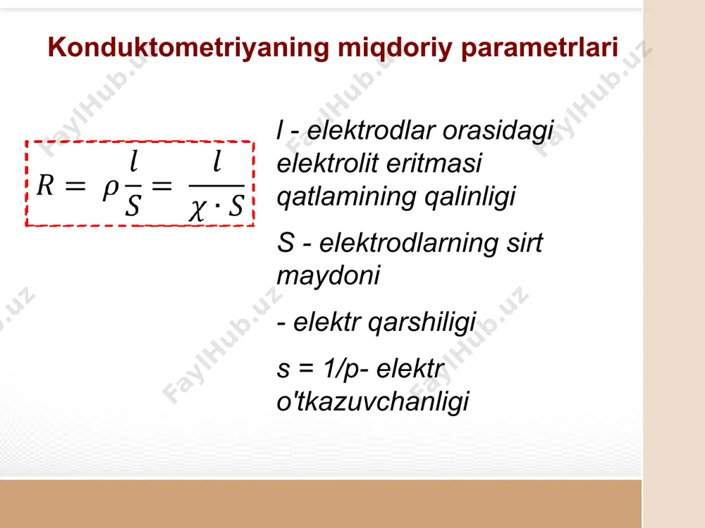 mol-1 ms sm2 mol-1 konduktometriyaning asosiy tushunchalari 1. cheksiz katta suyultirishdagi ekvivalent elektr o'tkazuvchanligi (ya'ni, konsentratsiya cheksiz kichik bo'lganda) elektrolitning konsentratsiyasiga bog'liq bo'lmagan, lekin elektrolitning harorati va tabiatiga bog'liq bo'lgan ma'lum bir doimiy qiymatga intiladi. cheklovchi elektr o'tkazuvchanligi  yoki  deyiladi. suyultirilgan eritmalarda elektr o'tkazuvchanligi zaryadlangan zarrachalar soniga to'g'ridan-to'g'ri proportsionaldir. 2. cheklovchi elektr o‘tkazuvchanlikni = f(c) bog‘liqligidan tajriba yo‘li bilan aniqlash mumkin. konduktometriyaning asosiy tushunchalari suvdagi ba'zi ionlarning  elektr o'tkazuvchanlik qiymatlarini cheklash (t=291 k) kation , smsm2mol-1 anion , smsm2mol-1 h+ 349,8 oh- 198,3 nh4+ 73,7 1/4[fe(cn)6]4- 111 k+ 73,5 1/2so42- 80,8 1/2pb2+ 70 j- 76,8 1/3fe3+ 68 cl- 76,4 ag+ 62,2 no3- 71,5 1/2ca2+ 59,5 po43- 69 1/2mg2+ 53 hco3- 44,5 na+ 50,1 ch3coo- 40,9 ion harakatchanligiga ta'sir qiluvchi omillar ba'zi ionlarning ekvivalent elektr o'tkazuvchanligi qiymatlari tempertura 18 s 25 s ion ekvivalent elektr o'tkazuvchanligi , smsm2mol-1 kat+ 5,31,9 6,22,3 an- 5,52,7 6,43,1 n+ 31,5 34,97 on- …