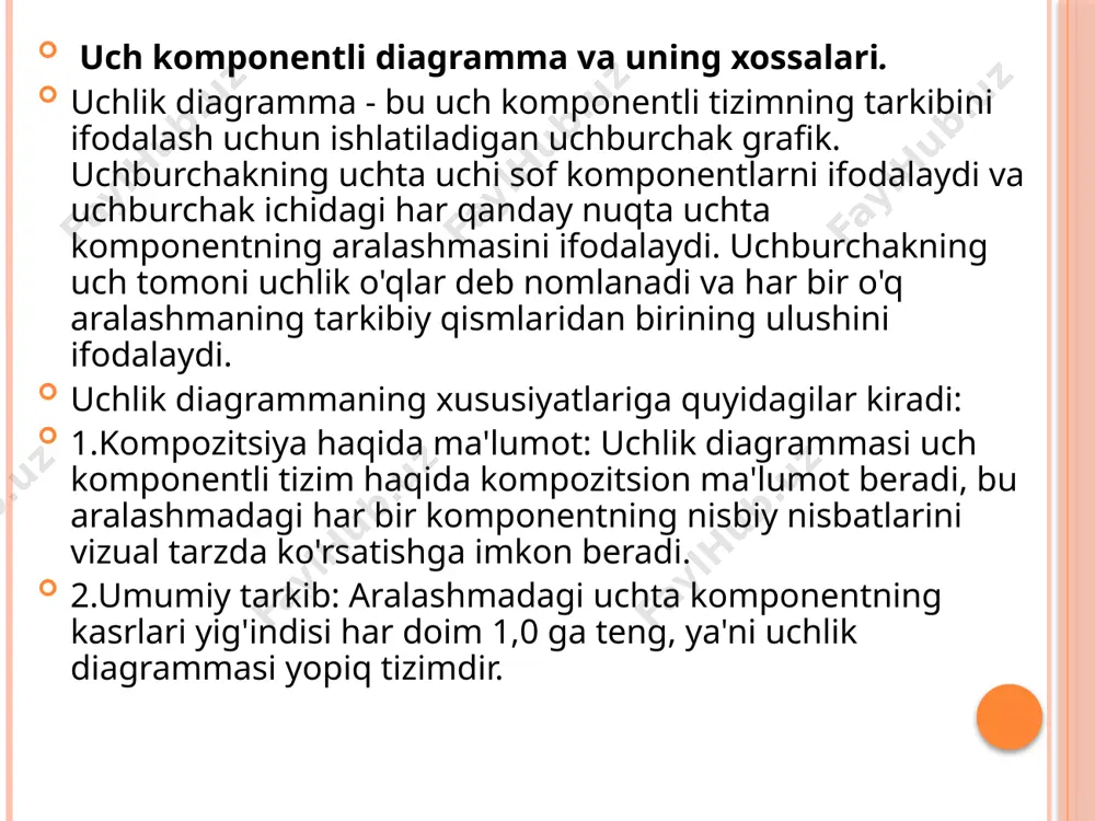 zaning tarkibini aniqlash uchun ishlatilishi mumkin. 5.faza chegaralari: faza chegaralari - bu bir fazali va ikki fazali hududlarning hududlarini ajratib turadigan uchlik diagrammasidagi chiziqlar. ushbu chiziqlar yordamida berilgan aralashmaning bir fazali yoki ikki fazali aralashmasi sifatida mavjud bo'lish shartlarini aniqlash mumkin holat diagrammasi - bu uch komponentli tizim mavjud bo'lishi mumkin bo'lgan turli fazalar yoki holatlarning, shuningdek, bu holatlar yuzaga keladigan sharoitlarning grafik tasviridir. uch komponentli tizim uchun holat diagrammasini qurish bir necha bosqichlarni o'z ichiga oladi: 1.tizim tarkibini aniqlang: birinchi bosqichda har bir komponentning turlari va miqdorini o'z ichiga olgan uch komponentli tizimning tarkibini aniqlash kerak. 2.o'zaro ta'sir turlarini aniqlang: tizimning xatti-harakati komponentlar o'rtasidagi o'zaro ta'sir turlariga bog'liq bo'lib, ular sof jirkanch, qisman jozibador yoki to'liq jozibador bo'lishi mumkin. o'zaro ta'sirlarni margules, wilson yoki nrtl modellari kabi termodinamik modellar yordamida baholash mumkin 3.kritik nuqtalarni aniqlang: kritik harorat, tanqidiy bosim va tanqidiy tarkibni o'z ichiga olgan tizimning kritik nuqtalarini termodinamik …