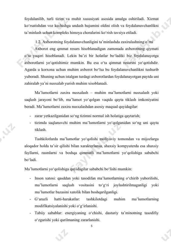atlarga e’tibor qaratish muhim hisoblanadi: · ma’lumotlarni zaxira nusxalash strategiyasi ixtiyoriy tashqi qurilmalardan ma’lumotlarni tiklash imkoniyatiga ega bo‘lishi shart. ushbu qurilmalarga misol sifatida serverlar, host mashinalar, noutbuklar va boshqalarni ko‘rsatish mumkin. · agar tabiiy ofat natijasida ma’lumot yo‘qolsa, zaxira nusxalash strategiyasi faqat chekli sondagi insidentlarga qarshi himoya bilan cheklanmasligi zarur. tabiiy ofat yuz bergan taqdirda ham strategiya o‘zida ma’lumotlarni tiklash usullarini mujassamlashtirishi shart; · strategiya dastlabki bosqichlarda ma’lumotlarni qayta tiklash uchun muhim qadamlardan iborat bo‘lishi kerak; · zaxira nusxalash narxining qimmat bo‘lmasligi tashkilot uchun moliyaviy madad hisoblanadi; tashkilotlarda zaxira nusxalarni saqlovchilarni tanlash umumiy muammolardan biri hisoblanib, mos bo‘lmagan zaxira saqlovchi vositaning tanlanishi ma’lumotlarning sirqib chiqishiga olib kelishi mumkin. zaxira nusxalar saqlanuvchi vositalarni tanlash saqlanuvchi ma’lumotlarning turiga bog‘liq va quyidagi omillarga asoslanadi: · narx: har bir tashkilot o‘zining byudjetiga mos zaxira nusxalash vositasiga ega bo‘lishi shart. saqlanuvchi ma’lumotlar hajmidan katta hajmga ega vositalarga ega bo‘lish ortiqcha sarf xarajatni keltirib chiqaradi. · …