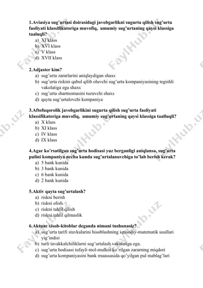 sug'urta (insurance) bo'yicha test savollari — DOCX