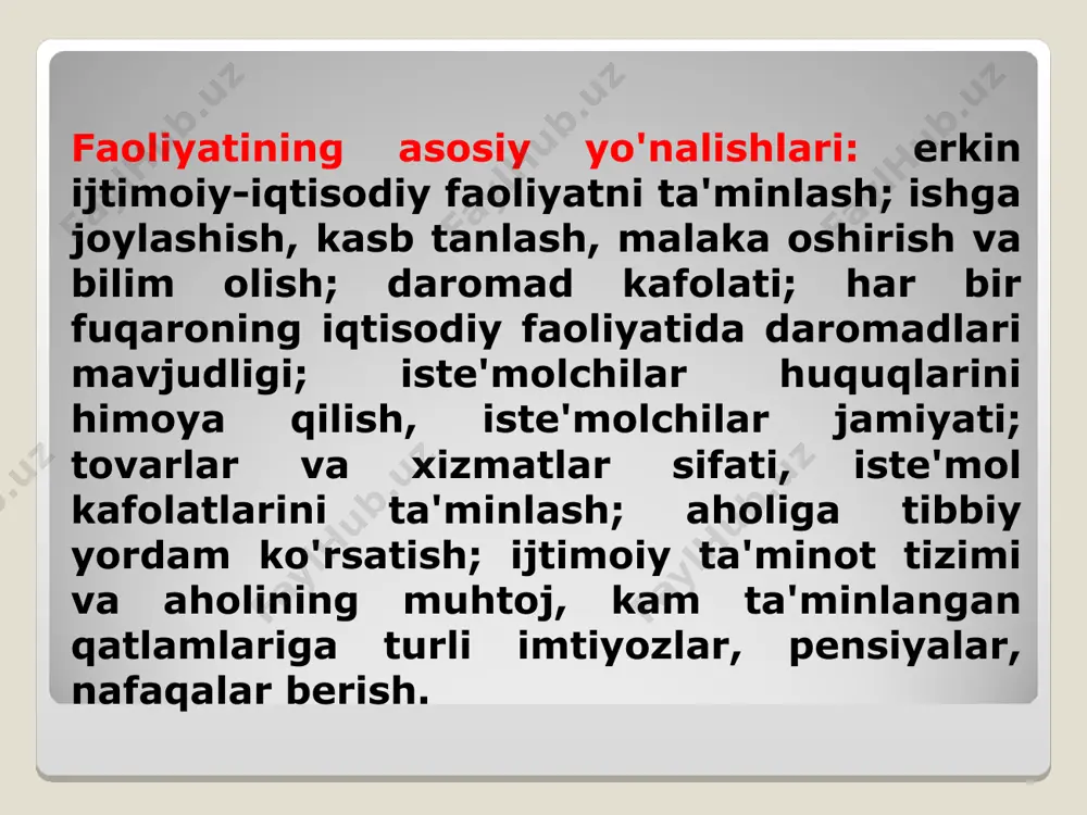 ilan faxrlanish tuyg‘ularini qaror toptirishga xizmat qiladi. 9. tibbiy yordam takomillashtirilmoqda. qishloq vrachlik punktlari negizida 800 ga yaqin oilaviy poliklinika, 400 dan ortiq vrachlik punkti tashkil etildi. tez tibbiy yordam xizmatlariga 1260 dona maxsus avtomashinalar topshirildi. 10. mehnat migratsiyasini qonuniylashtirish. davlatimiz rahbarining 23 maydagi qarori bilan mehnat vazirligi bandlik va mehnat munosabatlari vazirligiga aylantirildi. shu bilan birga, vazirlik huzurida o‘zbekiston respublikasi fuqarolarining xorijdagi mehnat faoliyatini takomillashtirish, tashkil etish va noqonuniy mehnat migratsiyasining oldini olish maqsadida 2003-yilda tashkil etilgan tashqi mehnat migratsiyasi masalalari agentligi joylashgan. 11. pasport tizimidagi o'zgarishlar. yashash uchun ruxsatnomasi bo'lgan shaxslarga fuqarolik berila boshlandi. 2016-yil dekabr oyidan o‘zbekiston respublikasida propiskaga ega bo‘lgan shaxslarni fuqarolikka qabul qilish boshlandi. 1994-yil 24-avgustda prezidentning “kam ta’minlangan oilalarni ijtimoiy himoya qilishni kuchaytirishga oid tadbirlar to‘g‘risida”gi farmoni qabul qilindi. shu farmonga ko‘ra 1994-yil oktabridan davlat kam daromadli oilalarga ѐrdam bera boshladi. jumladan, 1995-yil 500.000 dan ortiq ehtiyojmand oilalarga mahalla komitetlari orqali jami 6 mlrd. …