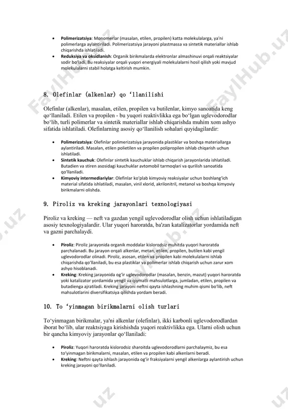 ham neft va gaz kimyosi sohasida ilmiy tadqiqotlar olib borgan va yangi texnologiyalarni ishlab chiqqan. ularning ishlanmalari o‘zbekistonning kimyo sanoatining rivojlanishiga va xalqaro bozorda raqobatbardosh mahsulotlarni ishlab chiqarishga yordam bergan. 6. neft va gaz kimyosi asosida olinadigan birikmalar neft va gazdan olinadigan kimyoviy birikmalar bir qancha turli xildagi uglevodorodlardan iborat. ular quyidagi asosiy guruhlarga bo‘linadi:  alkenlar (olefinlar): etilen, propilen, butadien kabi alkenlar yuqori reaktivlikka ega bo‘lib, asosan plastmassa va polimerlar ishlab chiqarishda ishlatiladi.  aromatik birikmalar: benzen, toluen, ksilen kabi aromatik uglevodorodlar kimyo sanoatida qimmatli xom ashyo sifatida ishlatiladi. ular neftni qayta ishlash va sintetik materiallar ishlab chiqarishda muhim o‘rin tutadi.  alkoller: metanol, etanol kabi alkoller neftdan olinadi va farmatsevtika, oziq-ovqat sanoatida va bioyoqilg‘i sifatida ishlatiladi.  karboksilik kislotalar: asetik kislota, propionik kislota kabi karboksilik kislotalar neft kimyo sanoatida ishlatiladi, ular o‘z navbatida boshqa kimyoviy birikmalarga, jumladan, plastmassa va sintetik materiallarga aylanadi.  sintez gazlari: tabiiy gazdan olinadigan …
