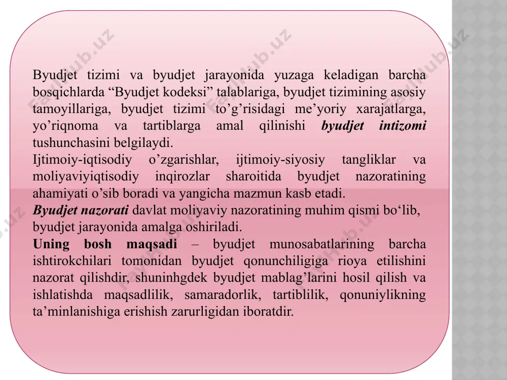 budjet to‘g‘risidagi qonunchilik buzilganligi faktlari to‘g‘risida ma’lumotlar kelib tushgan hollarda davlat moliyaviy nazorat organlari rahbarlarining qarorlari asosida yo‘l qo‘yiladi. davlat moliyaviy nazorati o‘zbekiston respublikasi davlat budjeti to‘g‘risidagi qonun loyihasini va o‘rta muddatli davr uchun fiskal strategiyani, shuningdek qoraqalpog‘iston respublikasi budjetining, viloyatlar va toshkent shahar mahalliy budjetlarining loyihalarini ekspertizadan o‘tkazishni; qabul qilinayotgan davlat dasturlari va hududiy dasturlarning moliyalashtirish manbalari bilan ta’minlanganligi auditini; budjet tizimi budjetlariga hamda belgilangan tartibda tashkil etilgan boshqa jamg‘armalarga mablag‘lar tushumining to‘liqligini o‘rganish va nazorat qilishni; budjet tizimi budjetlarining hamda belgilangan tartibda tashkil etilgan boshqa jamg‘armalarning daromadlarini ko‘paytirish zaxiralarini aniqlash va safarbar qilishni; budjet tizimi budjetlarining hamda belgilangan tartibda tashkil etilgan boshqa jamg‘armalarning amalga oshirilayotgan xarajatlari samaradorligini va qonuniyligini auditdan o‘tkazishni, barcha darajalarda ularni qisqartirish bo‘yicha imkoniyatlarni aniqlashni; o‘zbekiston respublikasi hisob palatasi tomonidan amalga oshiriladigan davlat moliyaviy nazorati budjet tizimi budjetlari mablag‘lari va davlatdan qarz olish hisobidan amalga oshirilayotgan investitsiya loyihalarining maqsadga muvofiqligini va asosliligini baholashni; soliq, bojxona …