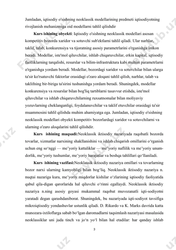 shini va ishlab chiqarish omillarini oʻrganish uchun eng soʻnggi — meʼyoriy kattaliklar — meʼyoriy naflilik va meʼyoriy unum-dorlik, meʼyoriy tushumlar, meʼyoriy harajatlar va boshqa tahlillari qoʻllaniladi. kurs ishining vazifasi:neoklassik iktisodiy nazariya omillari va tovarlarning bozor narxi ularning kamyobligi bilan bogʻliq. neoklassik iktisodiy nazariya n. nuqtai nazariga kura, meʼyoriy miqdorlar kishilar oʻzlarining iqtisodiy faoliyatida qabul qila-digan qarorlarida hal qiluvchi oʻrinni egallaydi. neoklassik iktisodiy nazariya n.ning asosiy goyasi mukammal raqobat muvozanatli iqti-sodiyotni yaratadi degan qarashdaniborat. shuningdek, bu nazariyada iqti-sodiyot tavsifiga mikroiqtisodiy yondashuvlar ustunlik qiladi. d. rikardo va k. marks davrida katta munozara-ixtiloflarga sabab boʻlgan daromadlarni taqsimlash nazariyasi masalasida neoklassiklar uni juda tinch va joʻn yoʻl bilan hal etadilar: har qanday ishlab chiqarish omili egasi bu omilning meʼyoriy unumdorligiga, yaʼni qoʻshimcha yollangan ishchi ishlab chiqargan yoki kapi-talning qoʻshimcha birligi yaratgan mah-sulotga teng daromad oladi. neoklassik iktisodiy nazariya n. har qanday bozorni talab va taklif egri chiziqlari yordamida tahlil qiladi. talab va taklif egri …