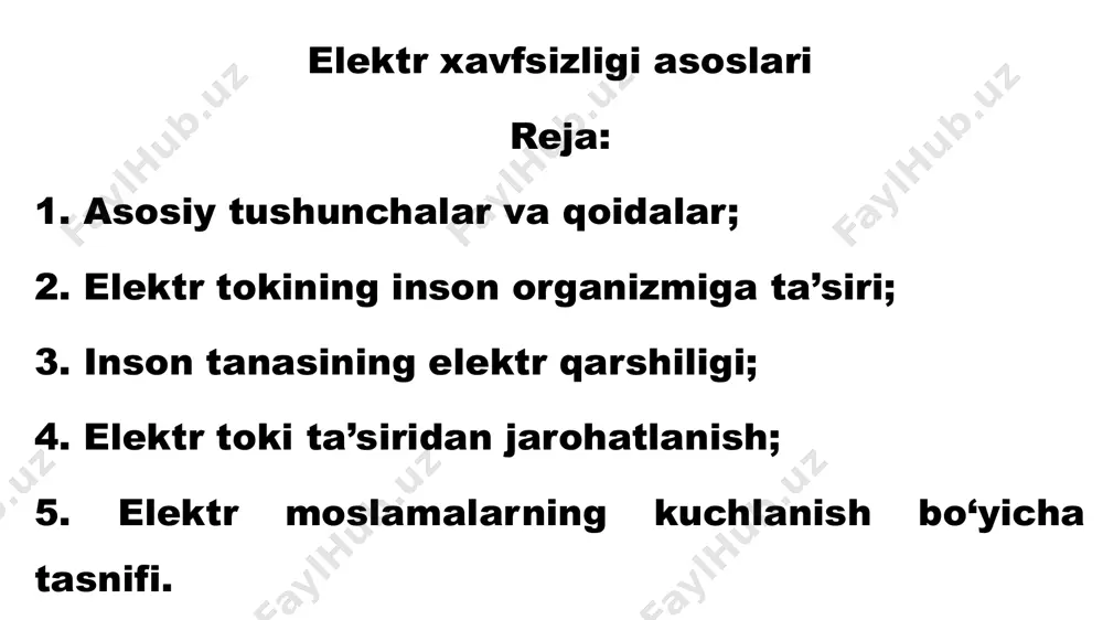 otlar jumlasiga kiradi. 3 fazali transformatorlar sxemasi: a-yerga ulangan neytralli; b-izolyasiyalangan neytralli; v-nol o‘tkazgichli yerga ulangan neytralli; g –nol o‘tkazgichli izolyasiyalangan neytralli liniya va faza toklari pen - o’tkazgich - himoya qiluvchi va ishchi nol o'tkazgichlar funktsiyalarni birlashtiradigan o'tkazgich; pem - o’tkazgich - himoya qiluvchi va o'rta nuqta o’tkazgichlar funktsiyalarni birlashtiradigan o'tkazgich; pel – o’tkazgich - himoya qiluvchi va chiziqli o'tkazgichlar funktsiyalarni birlashtiradigan o'tkazgich; elektr tokining inson organizmiga ta’siri: elektrolitik; mexanik; biologik; issiqlik. inson tanasi qarshiligini ekvivalent sxemasi r-teri va ichki to‘qimalarni aktiv qarshiligi, om; с- terini elektrik sig‘imi, f teri, asosan quruq va o'lik hujayralaming qattiq qatlamlaridan tashkil topganligi sababli katta qarshilikka ega va u umuman inson organizmining qarshiligini ifodalaydi. organizm ichki organlarining qarshiligi uncha katta emas. odamning quruq, zararlanmagan terisi 2.000 dan 20.000 om gacha va undan yuqori qarshilikka ega bo‘lgani holda, namlangan, zarar langan teri qarshiligi 40—5000 om qarshilikka ega bo‘ladi va bu qarshilik inson ichki a’zolari …