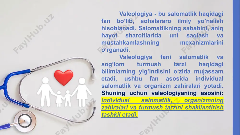 falari: inson salomatligi holatini va organizm zaxiralarini o‘rganish; salomatlikni saqlash va mustahkamlash, uning zahiralarini miqdorini baholash; inson organizmining individual o‘ziga xosligini inobatga olgan xolda sog’lom turmush tarzini shakllantirishning yo‘llarini o‘rganish. salomatlik tamoyillarini aholining turli darajalarida: individual, guruh, populyatsiyaga ta'sir ko‘rsatuvchi uslublarini yaratish va tadbiq etish; jamiyatga aholi salomatligi ustuvorligini va yuqori tibbiy madaniyatni: xar bir insonning va umuman aholining o‘z sog‘ligiga ma’sulyatli munosabatda bo’lishni singdirish. valeologiya fan sifatida hayot, gomeostoz, moslashish, genotip, fenotip, salomatlik (kasallik), turmush tarzi kabi tushunchalarsiz o’rganilishi mumkin emas. gomeostaz bu ichki muhitning doimiyligi, ya'ni organizmning tarkibiy qismi bo‘lgan moddalar almashinuvi jarayoni, funktsional (struktur) faoliyatlarining balansi hisoblanadi. boshqacha aytganda - bu organizmning ichki muhit mo'tadilligiga asoslangan xolda o’zining parametrlari va funktsiyalarining xususiyatlarini ma'lum ijobiy diapozonda saqlab turishdir. gomeostazning buzilishi organizmda noqulaylikka va keyinchalik kasallikka olib keladi. shuning uchun gomeostazga ko‘pincha salomatlikning biologik asosi sifatida qaraladi. hayot - bu taraqqiyot davrining ma'lum sharoitlarida qonuniy paydo bo‘ladigan moddiylik (materiya)ning …