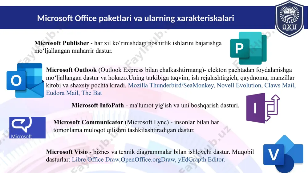 osoft office 97 paketiga qo‘shilgan)  1999-yil - excel 2000 (9) - microsoft office 2000  2001-yil - excel 2002 (10) - microsoft office xp  2003-yil - excel 2003 office 2003  2007-yil - excel 2007 office 2007  2010-yil-excel 2010 office 2010  2013-yil-excel 2013 office 2013  2015-yil - excel 2016 office 2016 excel o‘zining 7.0 versiyasiga qadar 16 384 214 satr (qator)dan iborat edi. 8.0-11.0 versiyalarida esa bu son 65 536 qator va 256 ustun ga yetdi. 12.0 va 14.0 versiyalar 1 048 576 qator va 16 384 ta ustunga ega microsoft power point dasturi excel 2007 yangi formatlari format kengaytmasi eslatma excel ish kitobi .xlsx excel 2007ning standart ish kitobi formati. makroslardan holi. xml-hujjatlarning siqilgan zip-arxividir. makrosli excel ish kitobi .xlsm makroslarni qo‘llay olishi bilan f arqlanadi ikkilik excel ish kitobi .xlsb makroslarni qo‘llay oluvchi va ma'lumotlarni ikkilik formatda saqlovchi excel ish kitobi. hujjatlarni xmlga …