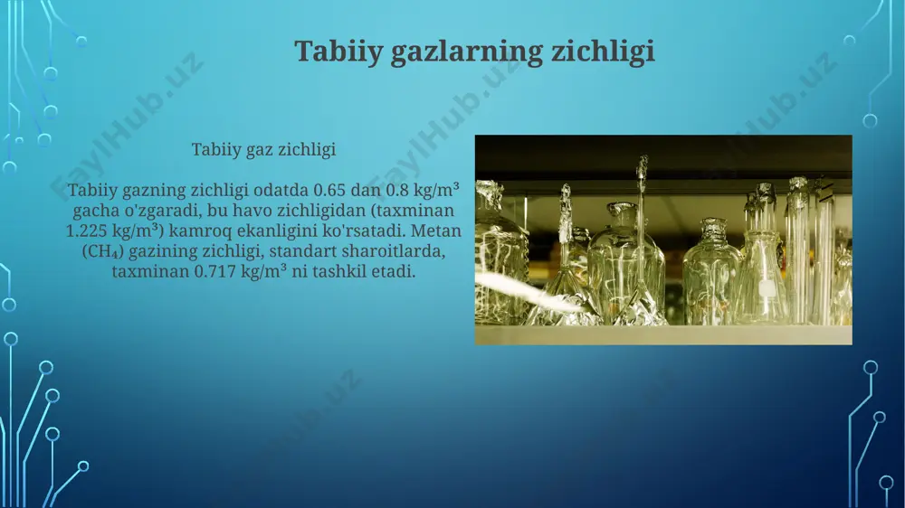 jarayonida hosil bo'ladigan uglerod dioksidi (co2) emissiyasi, yillik global isishga 3-7% hissa qo'shib, iqlim o'zgarishiga salbiy ta'sir ko'rsatadi. suyuq gazlarning tarkibi suyuqlantirilgan gazlarda metil merkaptan kabi odorantlar 1 ppm (milliondan bir qism) konsentratsiyasida qo'shiladi, bu esa gazning xavfsizligini oshirish uchun uning oqishini aniqlashga yordam beradi. suyuq gaz tarkibi turli standartlar (masalan, gost) bilan belgilanadi, unda propan miqdori 50-90% oralig'ida, butan esa 10-50%ni tashkil qilishi mumkin, bu esa uning issiqlik qiymatiga ta'sir qiladi. tabiiy gaz va suyuq gazlarning transporti va saqlanishi gaz transporti va saqlanishida xavfsizlik protokollari muhim ahamiyatga ega, bunda gazning sizib chiqishi detektorlari va favqulodda vaziyatlarda javob berish rejalari qo'llaniladi, bu esa xavfni kamaytiradi. tabiiy gaz quvurlari 1200 psi gacha bo'lgan bosimda gazni uzoq masofalarga yetkazib beradi, bu esa energiya yo'qotishlarini minimallashtiradi va xavfsiz yetkazib berishni ta'minlaydi. tabiiy gazlarning tarkibi tabiiy gazlarning tarkibi tabiiy gaz tarkibi geologik sharoitga bog‘liq holda o‘zgaradi. masalan, ayrim konlarda metan ulushi 95% dan yuqori …
