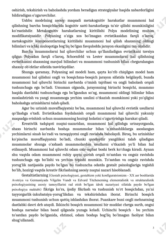 tadi. u tushunish strategiyalarini, ma'lumotni tahlil qilishni, dastlabki va keyingi taqdimotni, tanishlik va muvaffaqiyat imkoniyatlarini baholashni o'z ichiga oladi. tashkilot maqsadlarni aniqlash, global rejalashtirish va mahalliy rejalashtirishni anglatadi. amalga oshirish toifasi rejalarga muvofiq xatti-harakatlarni tartibga solishni anglatadi. u mahalliy harakatlarning bajarilishini, mahalliy rejalarning borishi va izchilligini kuzatishni va o'zaro qarorlarni (tezlik va aniqlik) o'z ichiga oladi. nihoyat, tekshirish qabul qilingan qarorlarni baholash va bajarilgan rejalar natijalarini baholashdan iborat. u yo'nalish, tashkil etish va ijro toifalarida amalga oshirilgan harakatlarni baholashni o'z ichiga oladi. modelning metakognitiv komponenti o'zgaruvchilarning uchta sinfidan, ya'ni shaxs o'zgaruvchilari, vazifa o'zgaruvchilari va strategiya o'zgaruvchilaridan iborat. shaxs o'zgaruvchilari shaxsning e'tiqod tizimi va ishlashga ta'sir qilishi mumkin bo'lgan ta'sirchan xususiyatlarini bildiradi. vazifa o'zgaruvchilari vazifaning mazmuni, konteksti, tuzilishi, sintaksisi va jarayoni kabi xususiyatlariga ishora qiladi. biror kishining vazifaning xususiyatlarini bilishi ishlashga ta'sir qiladi. va nihoyat, strategiya o'zgaruvchilari – bu shaxsning tushunish, tashkil etish, rejalarni amalga oshirish, tekshirish va baholashda yordam beradigan …