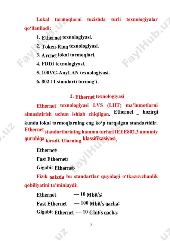 multiply-access with collision detection) qoʻllaniladi (4.1-rasm). bu usul mantiqiy umumiy shinali tarmoqlarda qoʻllaniladi. bunday tarmoqning hamma kompyuterlari umumiy shinaga bevosita kirishga ega, umumiy shinali tarmoq istalgan ikkita uzeli orasida maʼlumot uzatishda foydalaniladi. tarmoqqa ulangan hamma kompyuterlar bir paytning oʻzida istalgan kompyuterdan umumiy shinaga kiritgan maʼlumotlarini olishi mumkin. muhitga kirish bosqichlari: 1.tarmoqda uzatiladigan maʼlumotlar belgilangan strukturadagi kadrlarga joylashtiriladi va qabul stansiyasi adresi bilan taʼminlanadi; 2.kadrni uzatishda muhit band emasligi aniqlanadi. buning uchun signalning asosiy garmonikasi, tashuvchi chastotasi (cs- carrier-sense) uzatiladi. muhitda tashuvchi signal boʻlmasa, tarmoq band boʻlmaydi; muhit band boʻlmasa 1-uzel kadrni uzatishi mumkin. bu kadr rasmda birinchi boʻlib koʻrsatilgan; koaksial kabelli ethernet tarmogʻida 1-uzel uzatgichining signallari ikki tomonga uzatiladi va tarmoqning hamma uzellari bu signalni qabul qiladi; maʼlumotlar kadri preambula (preamble) bilan taʼminlangan. preambula qabul qilgichga bitli kirish uchun va uzatgich bilan baytli sinxronizatsiylashni ta’minlash uchun kerak boʻladi. 1-rasm. ethernet tarmoqlarida malumotlarni tasodifiy kirish usuli csmagwcd kabelga ulangan hamma stansiyalar …