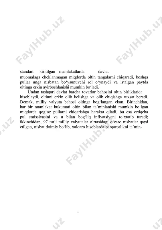 isbatan barqaror bo‘lgan, shuning uchun ham valyuta kurslari amalda qayd etilgan hisoblangan. keyinchalik barcha mamlakatlar tomonidan qog‘oz pullarni oltinga almashtirish to‘xtatildi, uning muomala sohasi keskin torayib, ulgurji va xalqaro aylanmalar bilan cheklandi, oltin bilan bo‘ladigan operatsiyalarni faqat markaziy va yirik xususiy banklar amalga oshiradigan bo‘ldilar. xalqaro operatsiyalarda yetakchi o‘rinni kredit va qog‘oz pullar egallay boshladi, ularning bahosi endi oltinga bog‘lanmagan edi. davlatlar pul chiqarishni ko‘paytira boshladilar, inflyatsiya kuchayib bordi, bu esa pul-moliya hisob-kitoblarida zarur bo‘lgan maʼlumotlar chalkashligiga olib keldi. ikki jahon urushlari o‘rtasidagi davrda iqtisodiy hamda siyosiy 98 vaziyatning beqarorligi chuqur inqirozga va pirovardida jahon valyuta milliy valyutalarning oltin bilan har qanday aloqasi yo‘qoldi va 5 davr jahondagi yetakchi mamlakatlar o‘zaro munosabatlarini tubdan o‘zgartirib yubordi va bu o‘zgarishlar xalqaro iqtisodiy munosabatlar, shu jumladan valyuta munosabatlari xarakteriga taʼsir etdi. bu munosabatlarda aqsh ning mavqei keskin oshdi va shunga muvofiq uning milliy valyutasi – dollarning roli ham o‘sib bordi. urushdan keyingi davr …