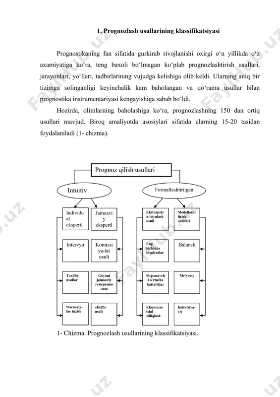 da ekspertlar bahosidan foydalaniladi. bunda individual va jamoaviy ekspert baholari farqlanadi. individual ekspert baholar tarkibiga: «intervyu» usuli - bunda ekspertning «savol-javob» mutaxassisi bilan bevosita aloqasi amalga oshiriladi; tahlil qilish usuli - bunda qandaydir prognoz qilinayotgan vaziyatning logistik tahlili amalga oshiriladi, tahliliy yozma hisobotlar tuziladi; ssenariy yozish usuli – u turli sharoitlarda vaqt o‘tishi bilan hodisa yoki jarayonni mantiqani aniqlashga asoslanadi. jamoaviy ekspert baholari usullari o‘z ichiga «komissiya», «g‗oyalar jamoaviy generatsiyasi», «delfi», matritsa usullarini oladi. bu usullar guruxi shunga asoslanganki, jamoaviy fikrlash jarayonida, birinchidan, natijalar to‘griligi yuqoriroq va ikkinchidan, ekspertlarni individual mustaqil baxolarni ishlab chiqishda kam xollarda ashyoviy goyalar kelishi mumkin. formalizatsion usullar guruhiga ekstrapolyatsiya va modellashtirish kiradi. birinchi guruhga eng kichik kvadratlar usuli, eksponensial tekislash usuli, o‘rtaga sirganmalar usuli kiradi. ikkinchisiga esa, tarkibiy, turli, matritsaviy modellashtirish kiradi. prognozlashtirish usullari klassifikatsiyasida turli boshqa usullarni birlashtiradigan kombinatsiyalashgan usullar o‘ziga xos o‘rinni egallaydi. masalan, jamoaviy ekspertlar baholashlari va ekspertlarni so‘roq qilish va hokazo. …