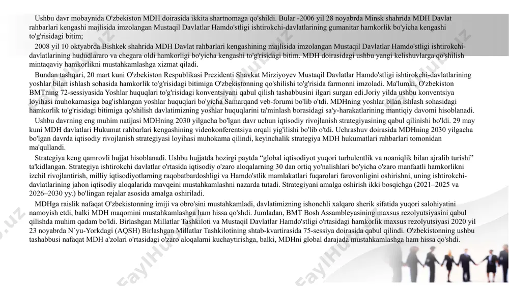 asidagi hamkorlik dasturini ishlab chiqish. inson huquqlari sohasida: - mehnat migrantlarining hujjatlarini o'zaro tan olishning yagona mexanizmini yaratish va bu sohada alohida dastur qabul qilish. madaniyat sohasida: 2021 yilda toshkentda “hamdo'stlik mamlakatlari madaniy merosi” konferentsiyasini o'tkazish. ushbu tashabbus bmt bosh assambleyasining 75-sessiyasida bmt doirasida ilgari surilgan - 2021 yilda xiva shahrida yunesko bilan hamkorlikda “markaziy osiyo jahon tsivilizatsiyalari chorrahasida” xalqaro forumini o'tkazish to'g'risidagi yana bir tashabbusini mukammal tarzda to'ldiradi. ikkala tashabbus ham xalqaro miqyosda o'zbekistonning madaniy aloqalarini mustahkamlashga hissa qo'shadi. shunday qilib, o'zbekiston covid-19 koronavirus pandemiyasiga qaramay, mdhga raislik qilish kontseptsiyasini to'liq amalga oshirdi. mdh doirasida ilgari surilgan o'zbekistonning yangi tashabbuslari mintaqaviy hamkorlikni mustahkamlashga yordam beradi. 2. mdh: ko‘p qirrali hamkorlikning muhim mexanizmi. 2017-yilning 10–11 oktabr kunlari bo‘lib o‘tgan mdh sammitida hamdo‘stlik doirasida hamkorlik imkoniyatlari keng ekanligi va bu jarayon izchil davom ettirilishi yana bir bor o‘z tasdig‘ini topdi. o‘zbekiston respublikasi prezidenti shavkat mirziyoyevning sammitdagi nutqi mdhga «tamomila yangi kelajakka …