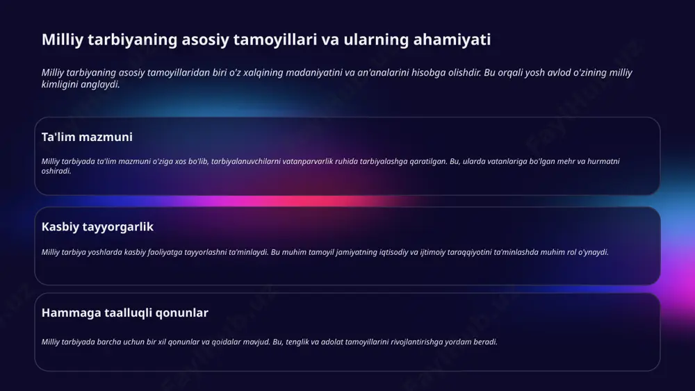ustahkamlash imkonini beradi. o'yinlarning tarbiyaviy roli an'anaviy o'yinlar bolalarning ijtimoiy ko'nikmalarini rivojlantirishda yordam beradi. ular o'zaro muloqot qilish, jamoada ishlash va do'stlikni mustahkamlash imkonini beradi. muayyan qobiliyatlarni rivojlantirish ushbu o'yinlar bolalar uchun motor qobiliyatlarini oshirishga yordam beradi. harakatlar orqali muvofiqlik va aniqlikni o'rganish mumkin. madaniy merosni saqlash an'anaviy o'yinlar xalq madaniyatining bir qismi bo'lib, ularni o'ynash orqali bolalar o'z milliy meroslarini bilib oladilar. matnning joylashuvi va o'lchami doirani // e'tibor bering: matnning joylashuvi va o'lchami doirani hisobga olgan holda moslashtirilgan milliy san'atning ahamiyati milliy san'at mamlakatning madaniy merosini va tarixini ifodalaydi. u xalqning urf-odatlari va an'analarini saqlaydi. milliy san'at va madaniyatni o'rganish san'at turlari rassomlik, musiqa, raqs va teatr kabi san'at turlari milliy madaniyatning asosiy tarkibiy qismlarini tashkil etadi. ushbu san'atlar xalqning hissiyotlari va fikrlarini aks ettiradi. madaniy tadbirlar madaniy tadbirlar va festivallar milliy san'at va madaniyatni ommalashtirishda muhim rol o'ynaydi. bu tadbirlar xalqni birlashtiradi va an'analarni avaylaydi. etnik identitetni …