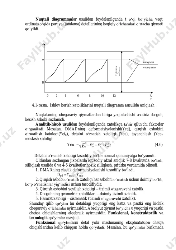 va qonuniyat ∆zi asosida о‘zgaruvchi xatoliklar birgalikda tizimli ∆s xatolarni hosil qiladi: ∆s = ∆p + ∆zi, (4.5) bu yerda: ∆p – doimiy xatolik; ∆zi – qonuniy о‘zgaruvchi xatolik. ishlov berish xatoliklarini aniqlashning quyidagi usullari mavjud: statistik, nuqtali diagrammalar, analitik- hisob. statistik usuldan foydalanib xatoliklarning qanday qonuniyat asosida о‘zgarishi о‘rganiladi. bu usulning afzalligi, ishlarni bevosita texnologik jarayon paytida olib borish imkoniyatining mavjudligidir. nuqtali diagrammalar usulidan foydalanilganda t о‘qi bо‘yicha vaqt, ordinata о‘qida partiya (jamlama) detallarining haqiqiy о‘lchamlari о‘rtacha qiymati qо‘yildi. 4.1-rasm. ishlov berish xatoliklarini nuqtali diagramm ausulida aniqlash . nuqtalarning chegaraviy qiymatlardan biriga yaqinlashishi asosida dasgoh, kesish asbobi sozlanadi. analitik-hisob usulidan foydalanilganda xatolikga ta’sir qiluvchi faktorlar о‘rganiladi masalan, dmadning deformatsiyalanishi(yed), qirqish asbobini о‘rnatilish katologi(yeid), detalni о‘rnatish xatoligi (yeu), tayanchlash (yepr) moslash xatoligi: yeu = ;2222 прорб ееее   (4.6) detalni о‘rnatish xatoligi tasodifiy bо‘lib normal qonuniyatga bо‘ysundi. oldindan sozlangan jixozlarda iqtisodiy afzal aniqlik 7-8 kvalitetda bо‘ladi, silliqlash usulida 6 …